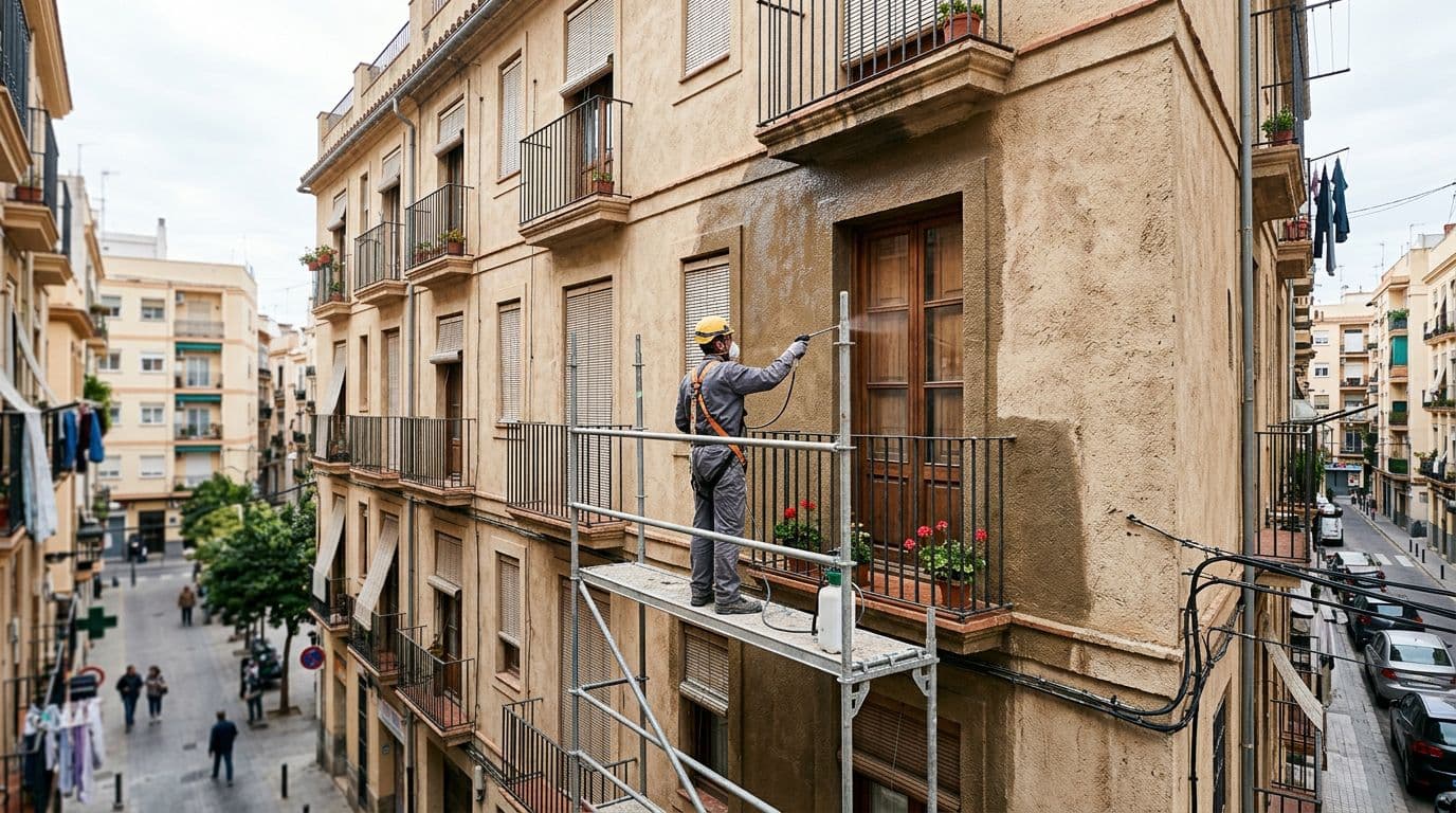 Fachada de un edificio residencial español durante la impermeabilización, con un técnico aplicando hidrofugante incoloro y la zona tratada contrastando con la zona seca sin tratar.