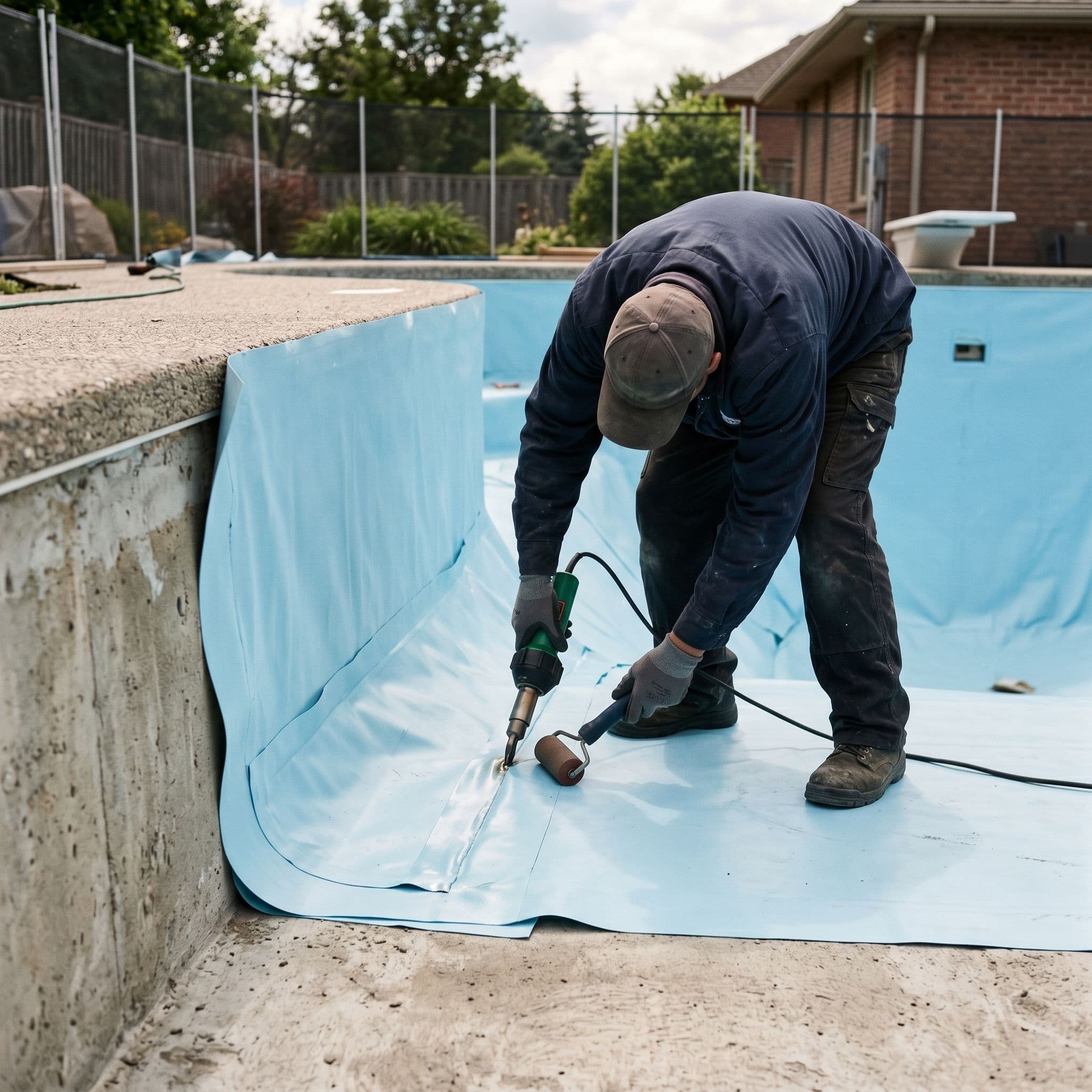 Instalación de lámina armada de PVC soldada en el interior del vaso de una piscina, cubriendo paredes y fondo.