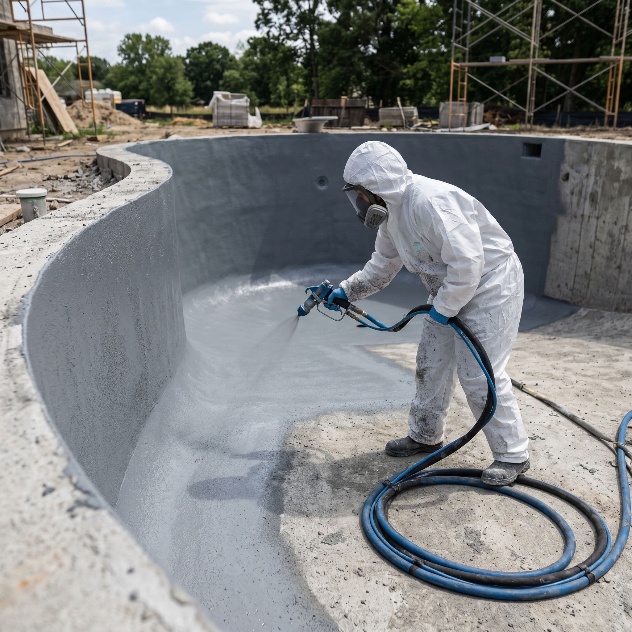 Aplicación de membrana de poliurea proyectada sobre el vaso de una piscina, formando una capa continua sin juntas.