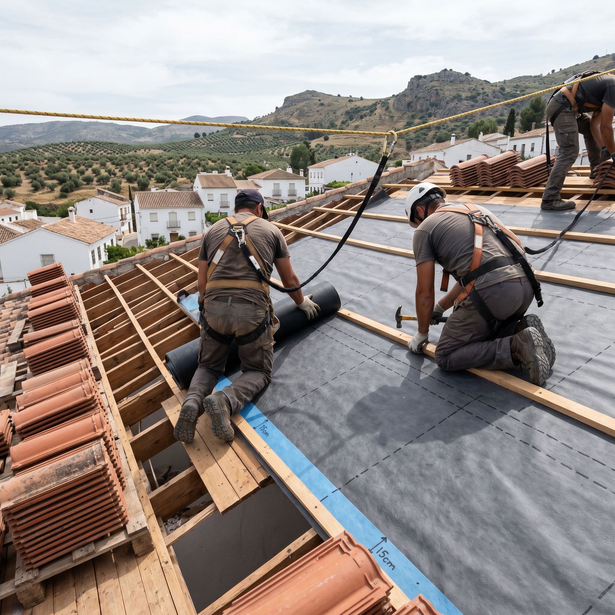 Instalación de lámina impermeabilizante bajo teja sobre el soporte de un tejado inclinado con las tejas retiradas.