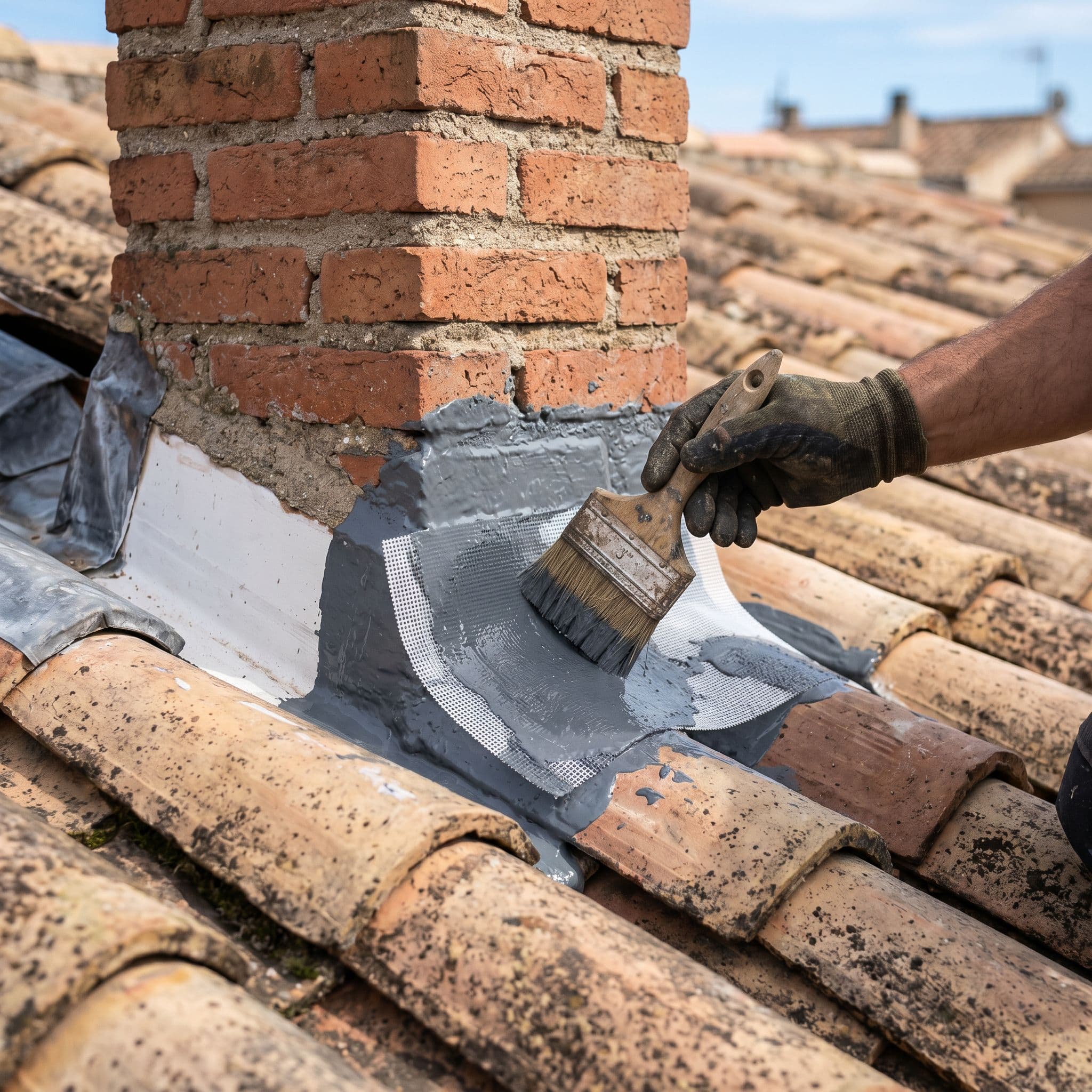 Aplicación de membrana líquida con malla de refuerzo en el encuentro entre una chimenea y las tejas de un tejado.
