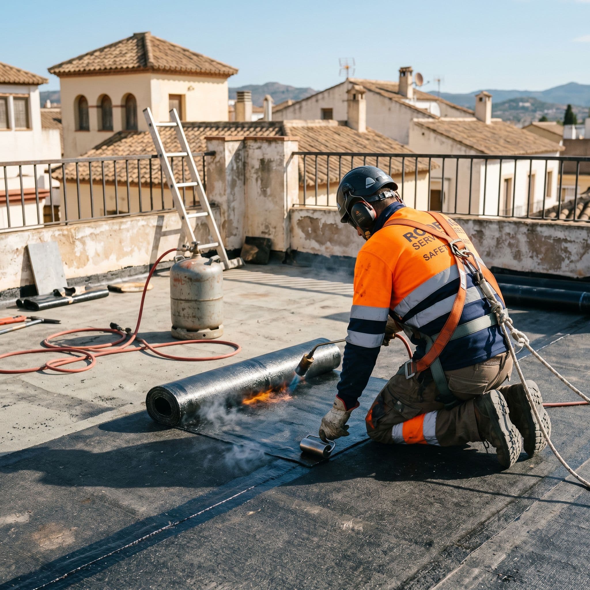 Instalación profesional de tela asfáltica con soplete sobre una terraza plana, con solapes visibles.