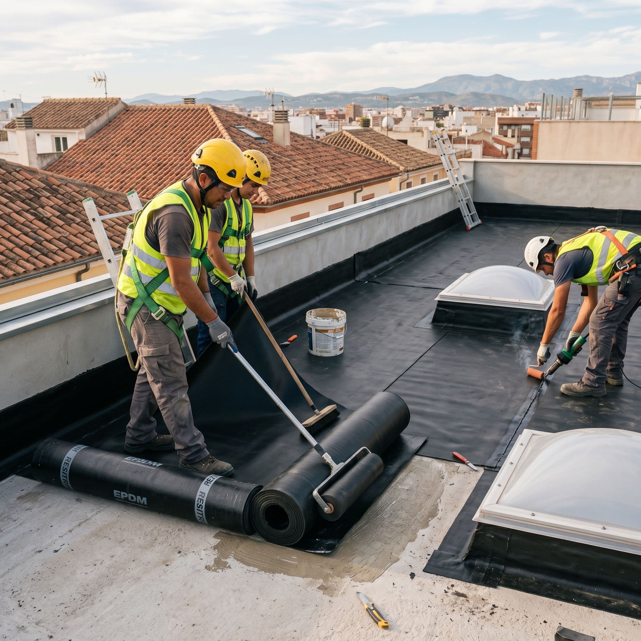 Instalación profesional de membrana EPDM en cubierta plana de edificio residencial español