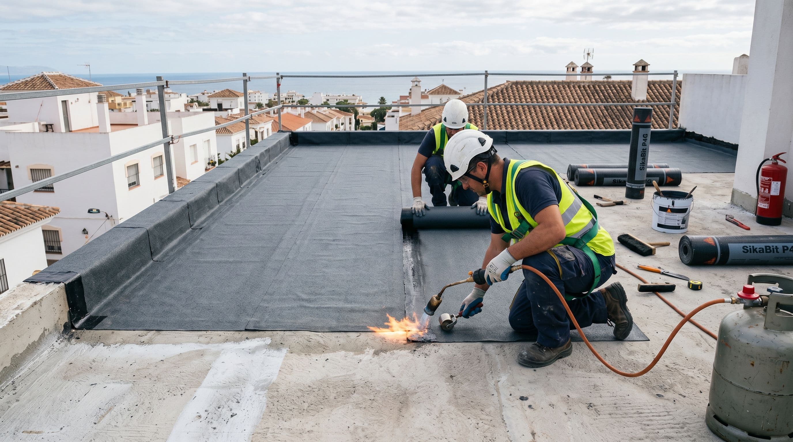 Instalación profesional de membrana impermeabilizante sobre cubierta plana en edificio residencial español