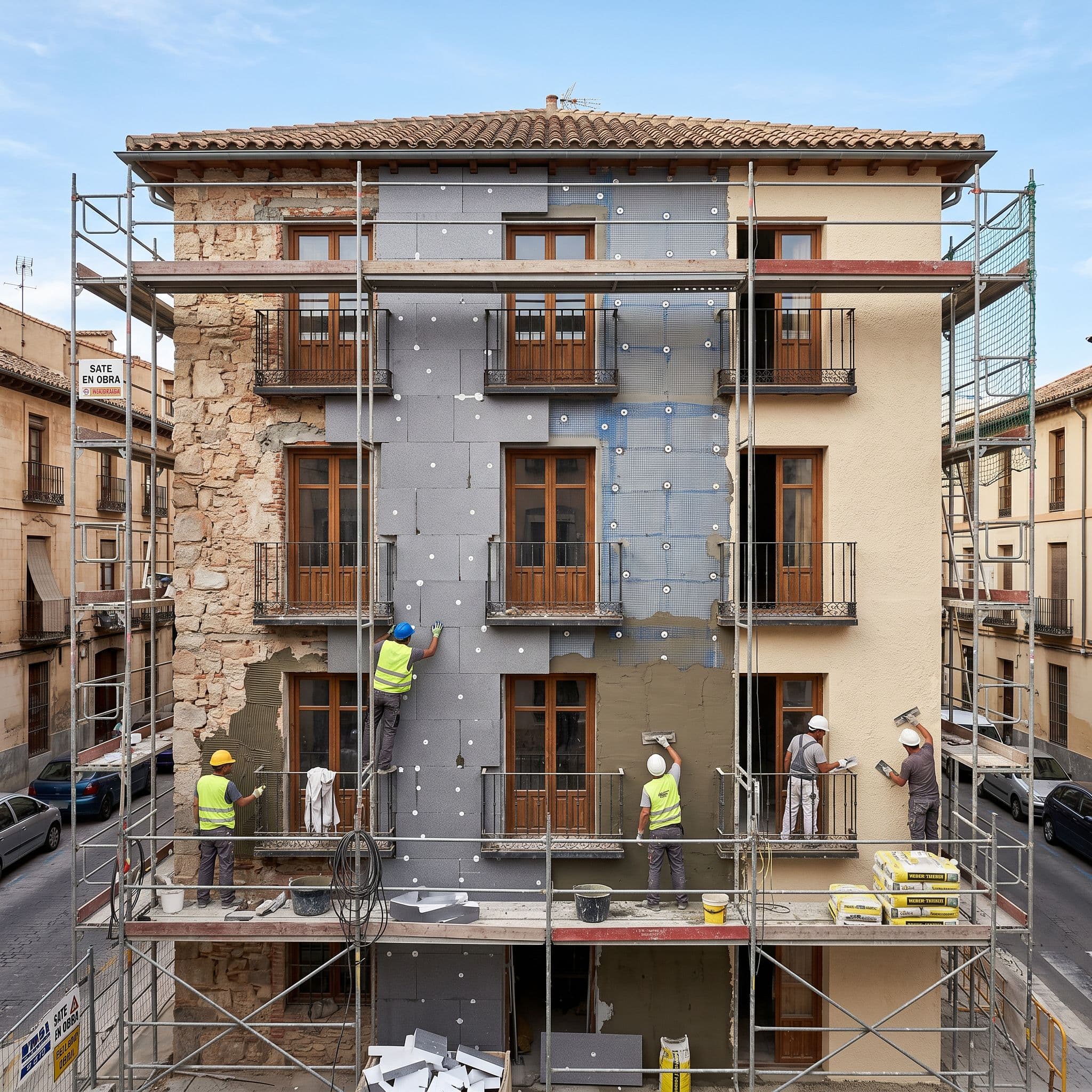 Instalación profesional de sistema SATE en fachada residencial española mostrando fases de aislamiento e impermeabilización mineral combinadas