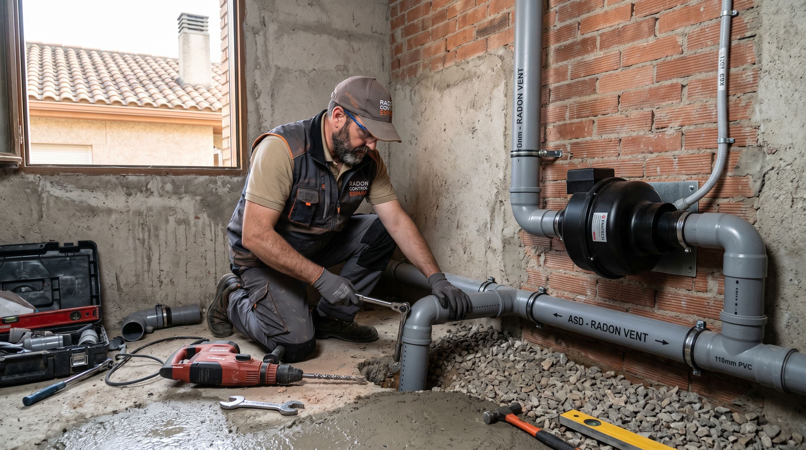 Instalación profesional sistema despresurización activa SDS para mitigar gas radón en vivienda residencial española con extractor mecánico y tubería bajo losa