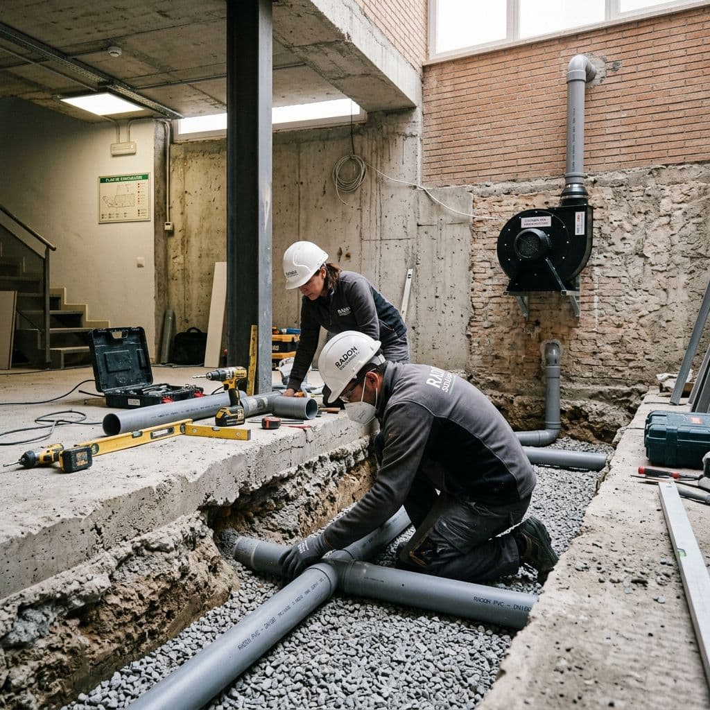 Instalación profesional sistema despresurización activa SDS en oficina empresa española cumplimiento RD 1029/2022 extractor Soler Palau Radonova RadonAway