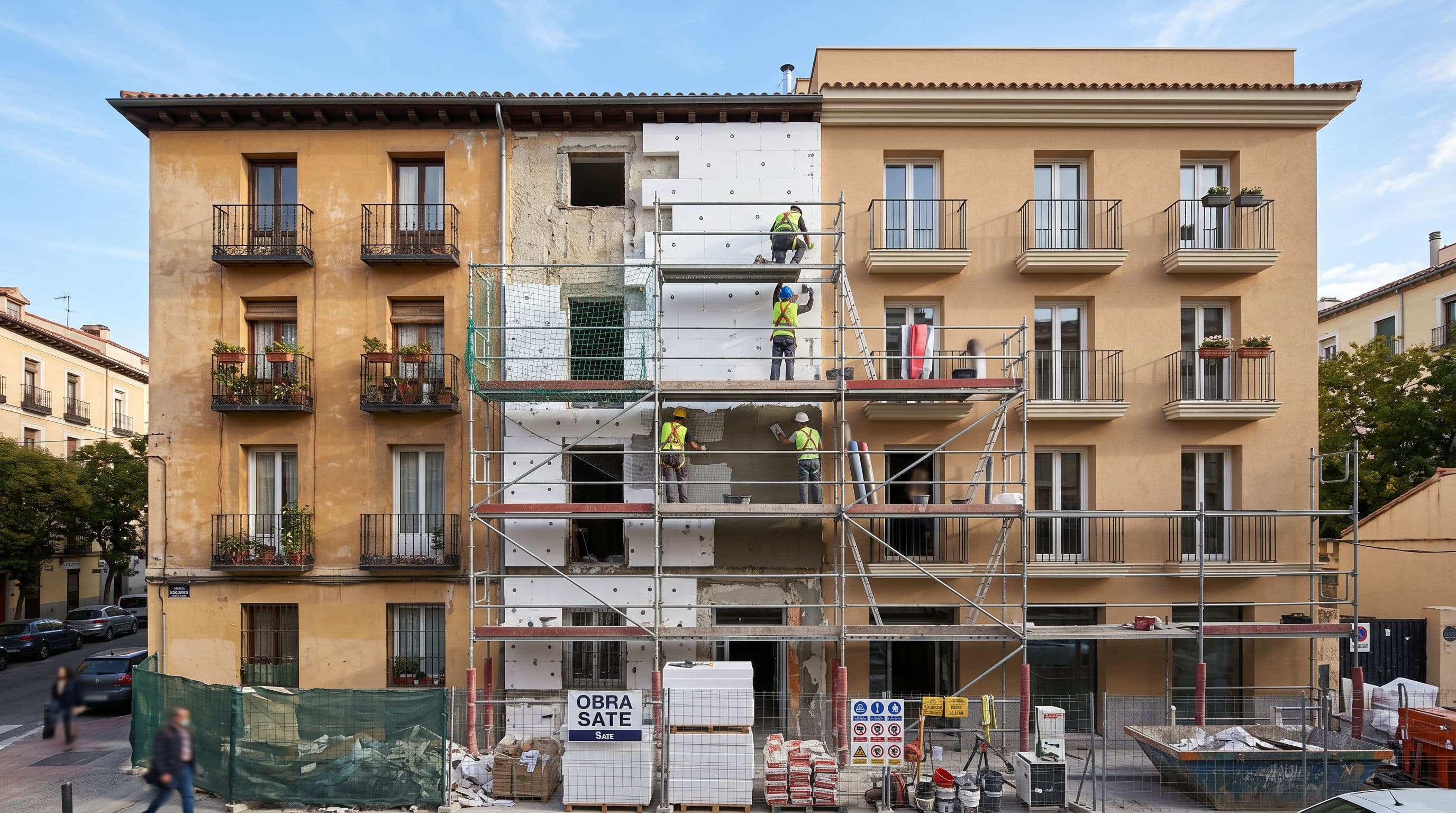 Instalación profesional de sistema SATE en fachada de edificio residencial mostrando las distintas fases de la rehabilitación térmica