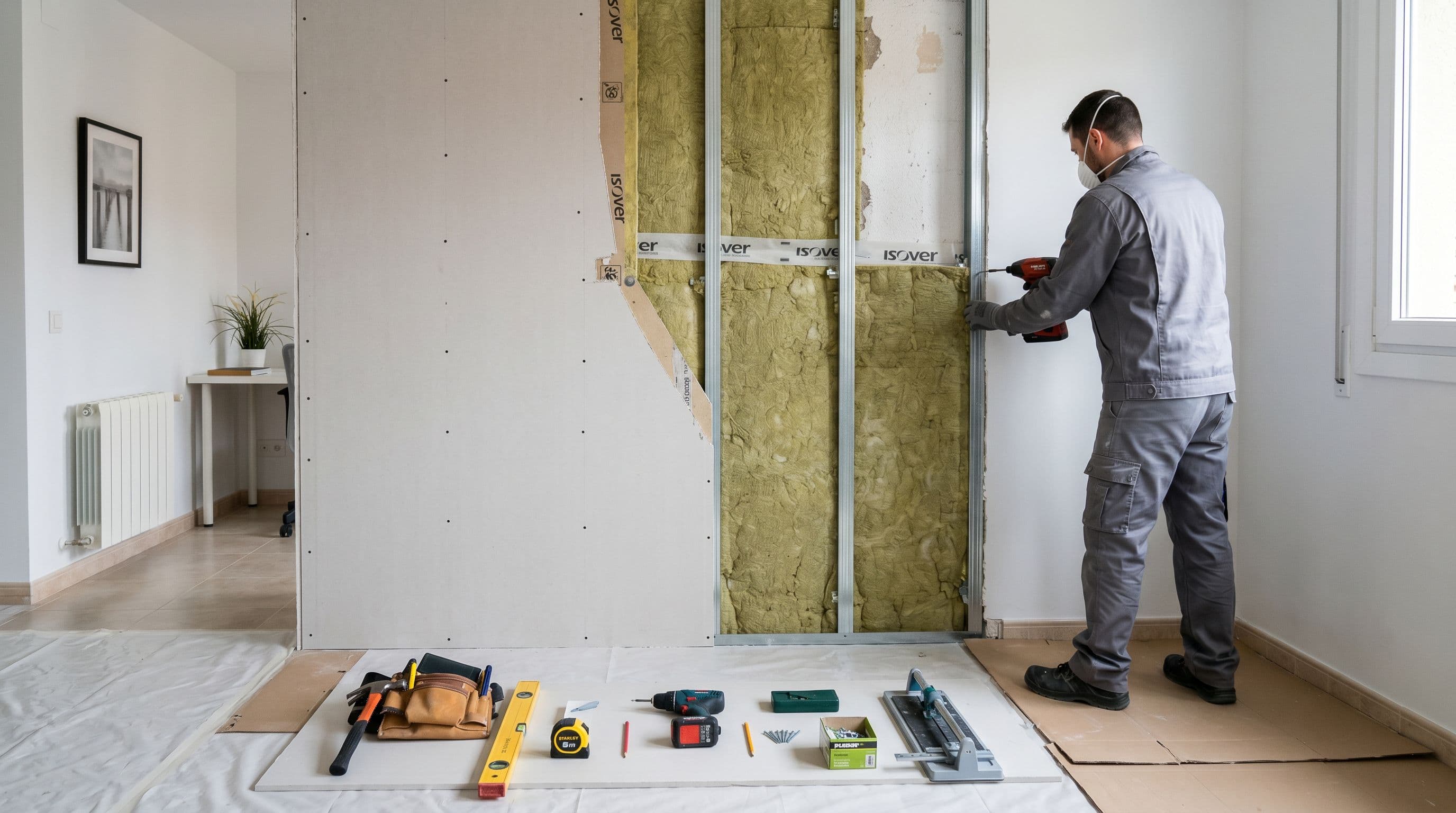 Instalación profesional de trasdosado con aislamiento térmico en pared interior de vivienda sin obra mayor