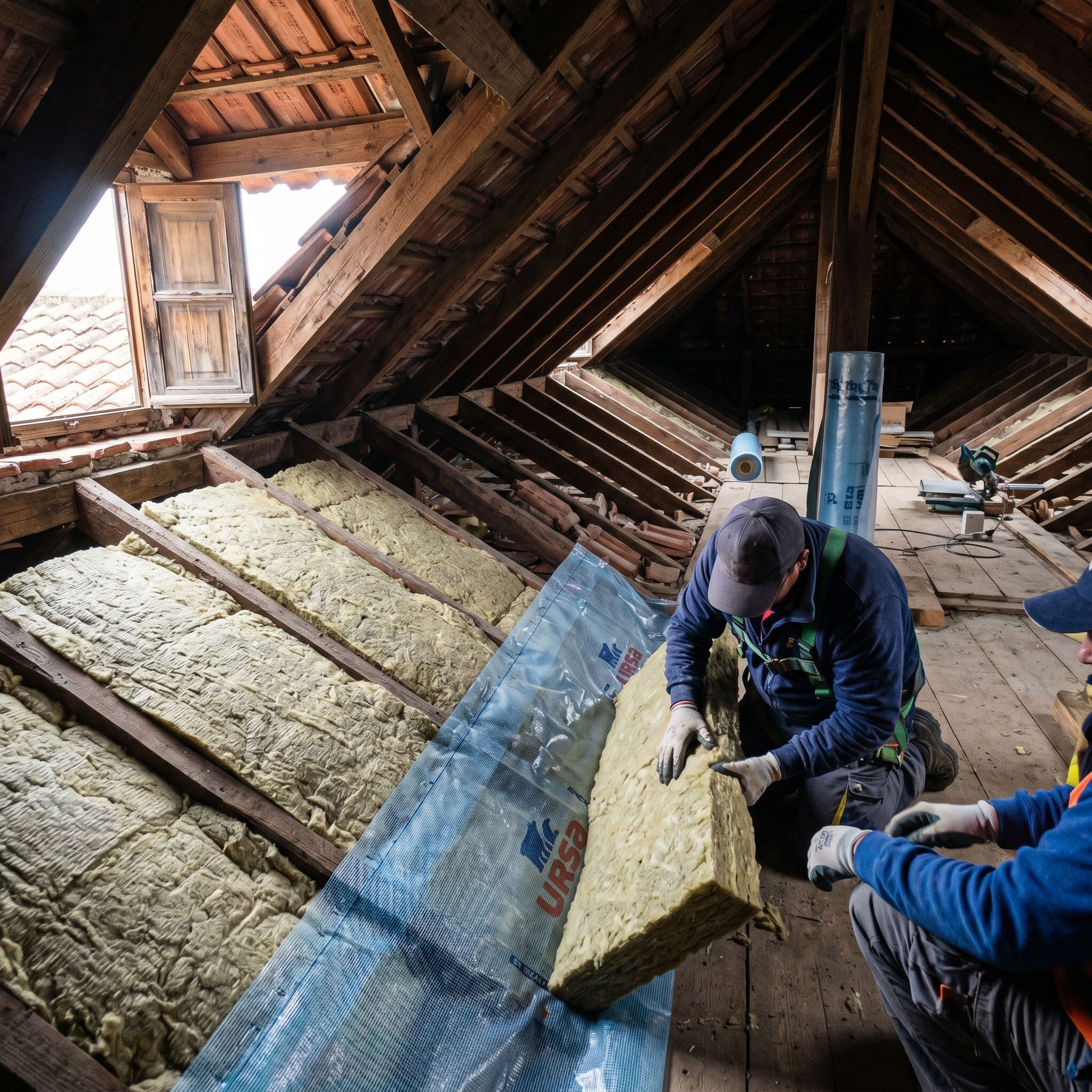 Instalación de lana mineral entre vigas de cubierta inclinada bajo teja en chalet español