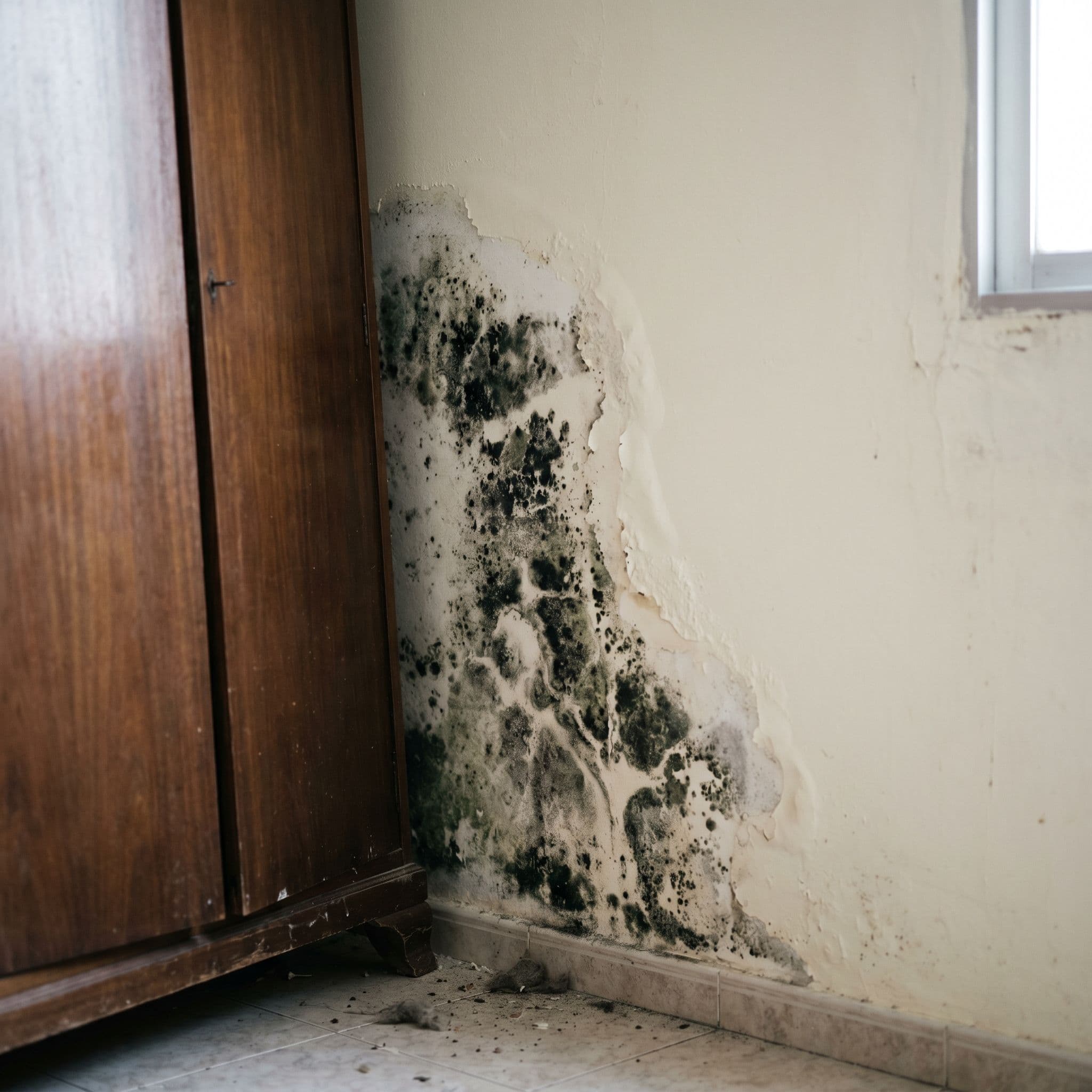 Manchas de moho descubiertas tras desplazar mueble pegado a pared exterior por falta de circulación de aire y condensación
