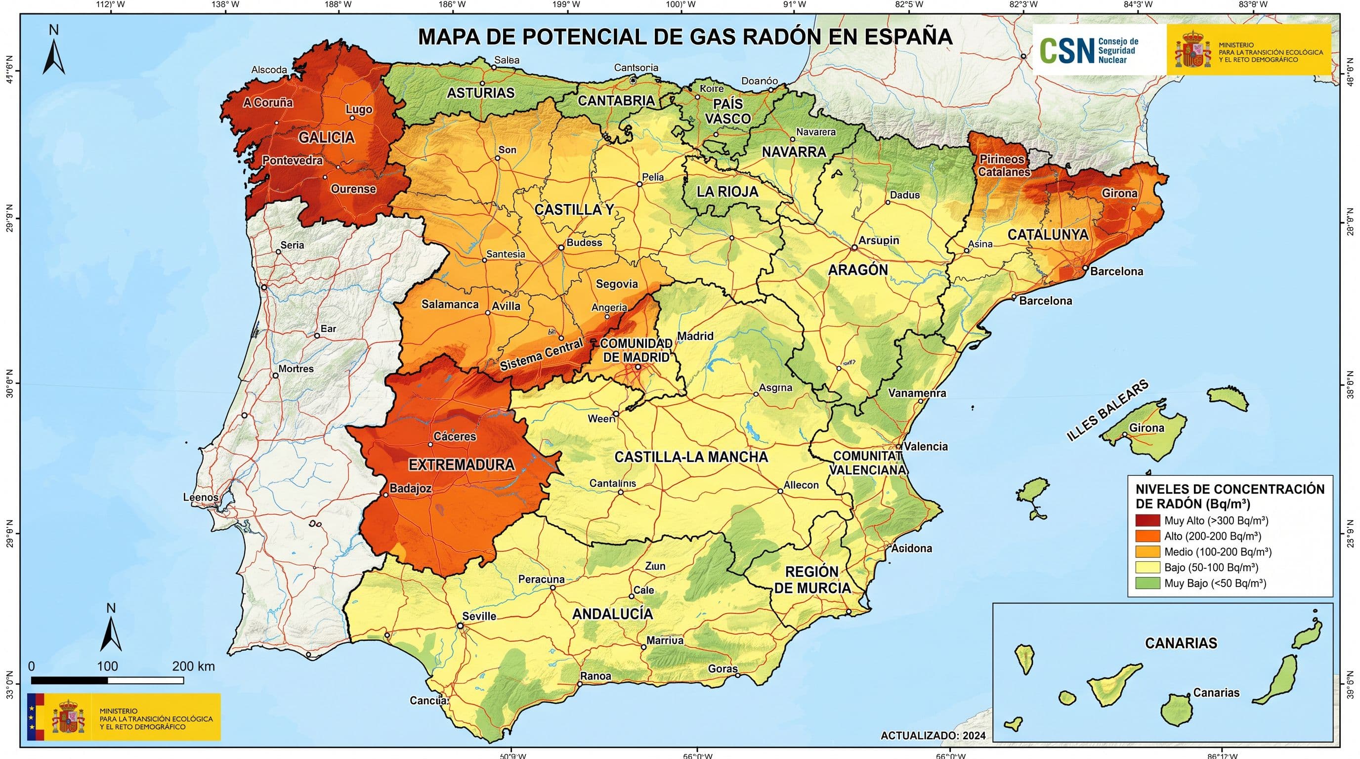 Mapa oficial España zonas gas radón por comunidad autónoma con clasificación CSN destacando Galicia Extremadura Madrid mayor incidencia