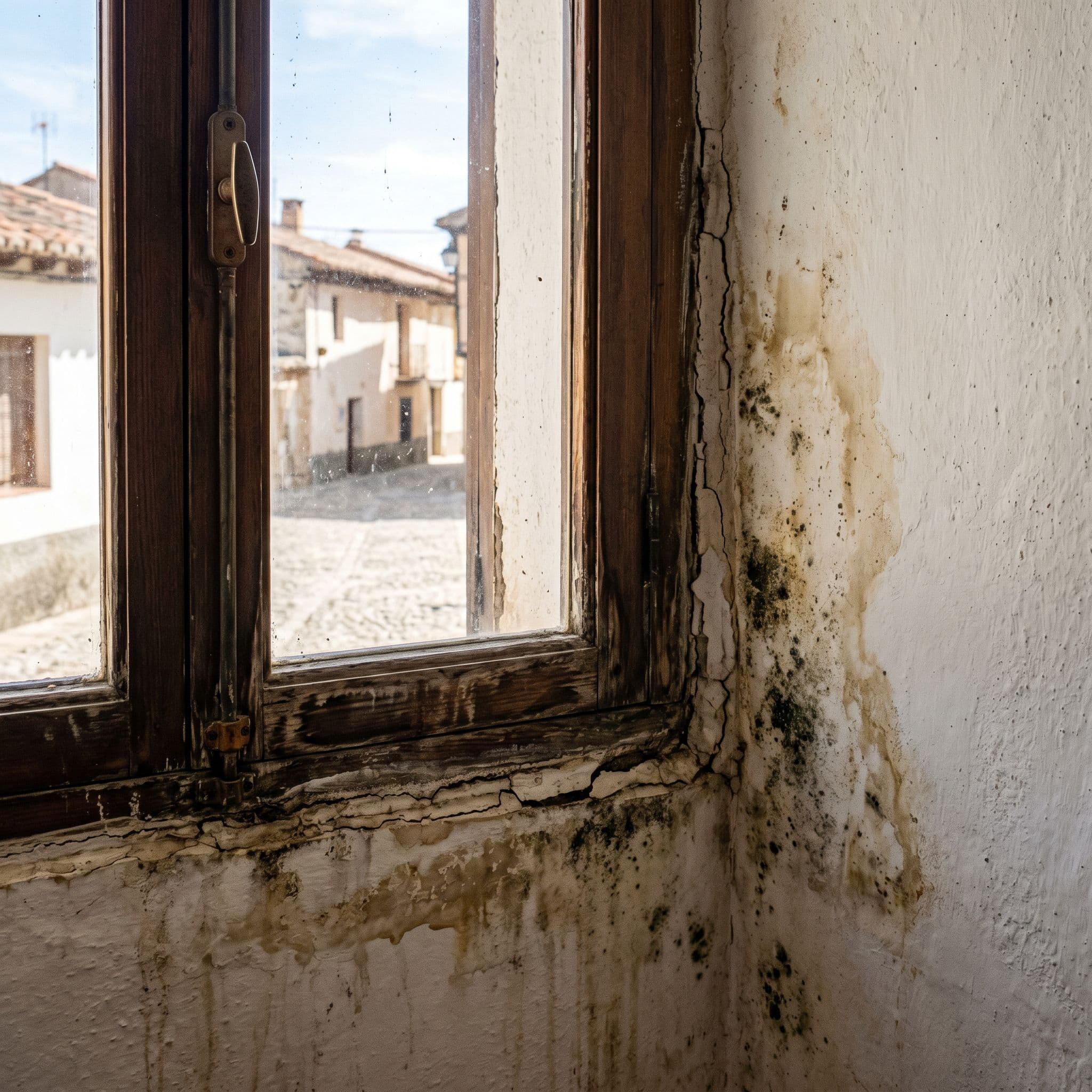 Marco de ventana con manchas de humedad perimetral por deterioro de sellado y vierteaguas