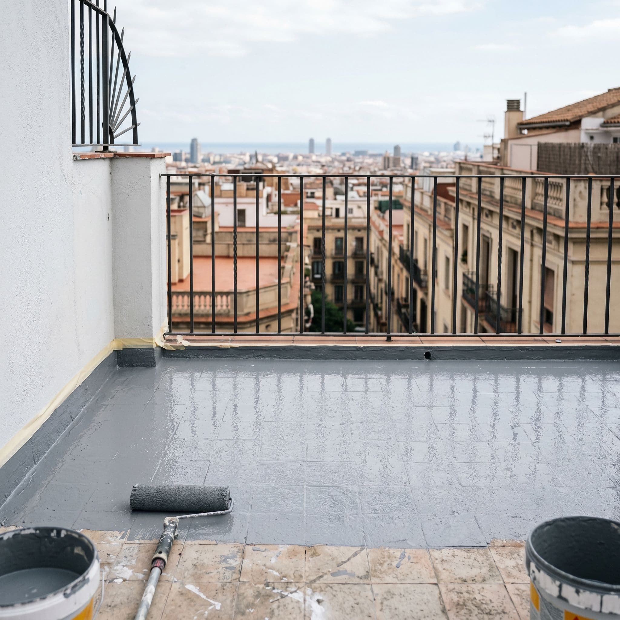 Membrana líquida de poliuretano aplicada sobre una terraza residencial formando una capa continua y elástica sin juntas