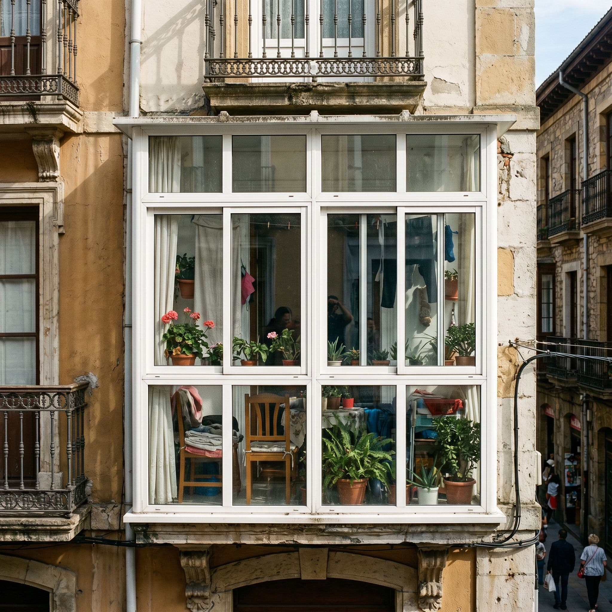 Mirador acristalado español con cerramiento de aluminio añadido a fachada original con encuentros singulares