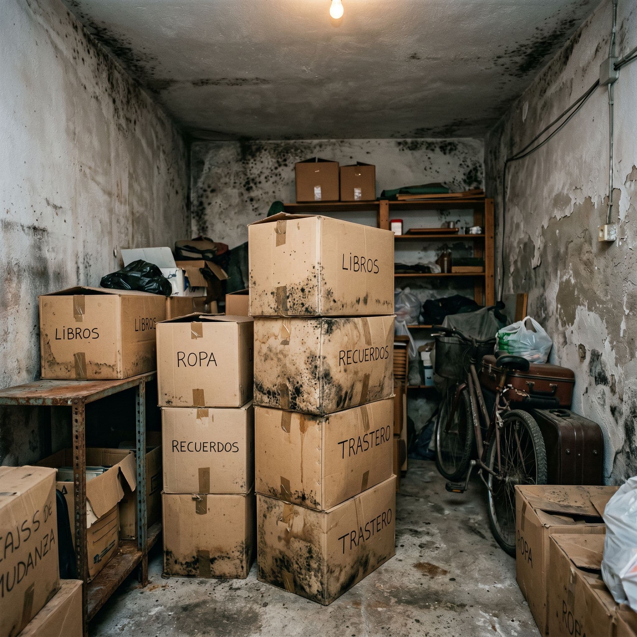 Moho y condensación crónica en cajas almacenadas y esquinas frías de trastero residencial