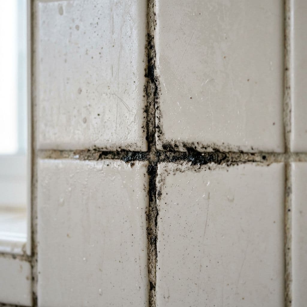 Moho en las juntas de azulejo de una ducha