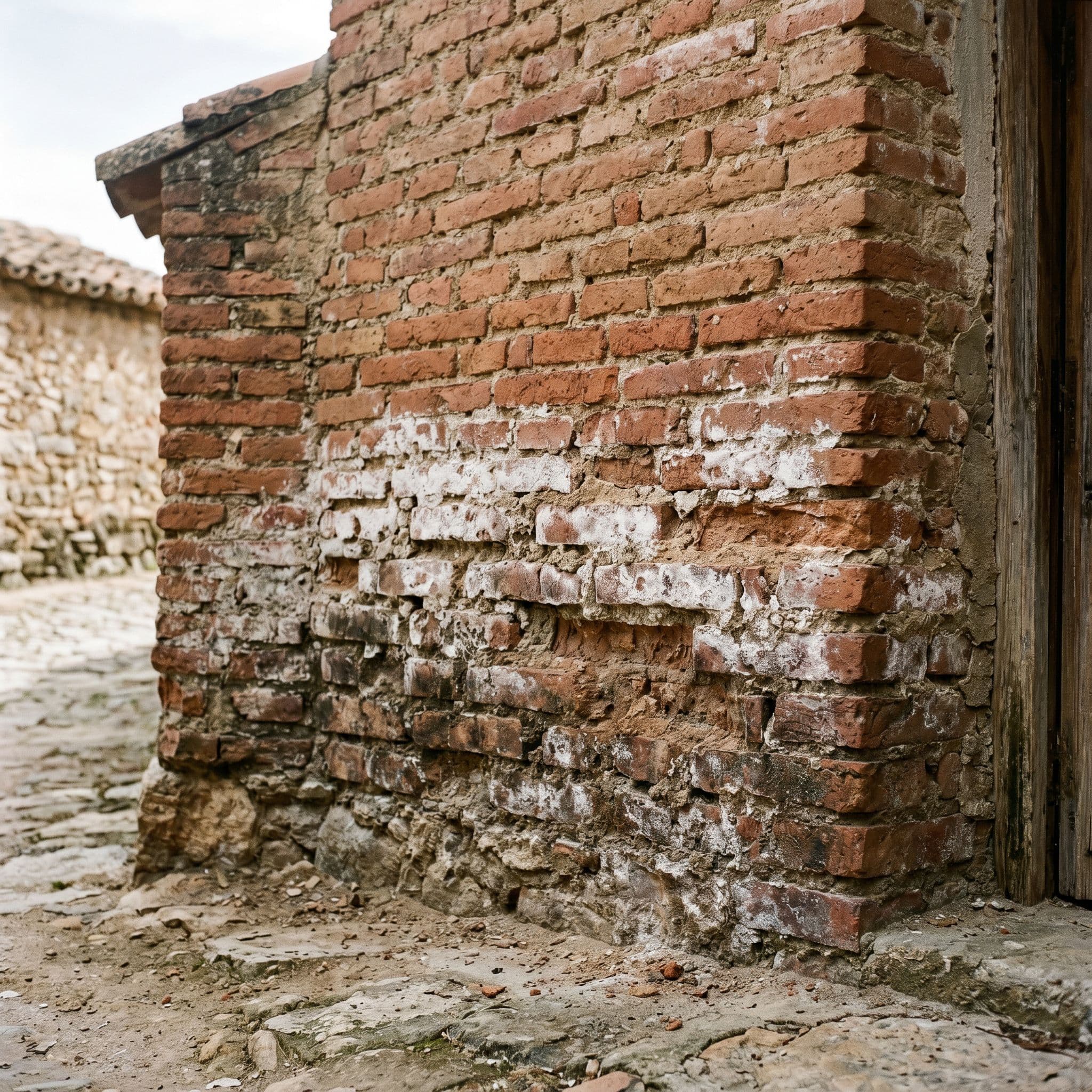 Muro de carga con degradación por humedad capilar, eflorescencias salinas y mortero pulverulento entre ladrillos