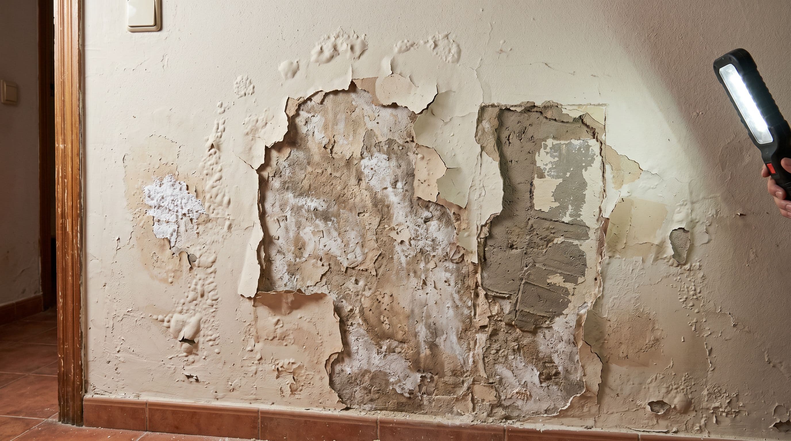 Pared interior con daños residuales de humedad mostrando ampollas, desconchados y eflorescencias antes de restauración
