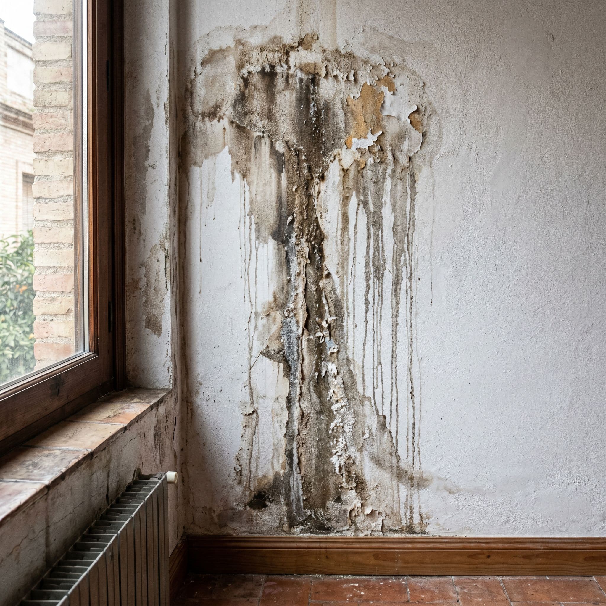 Pared interior con filtración por fachada con manchas verticales descendentes desde el punto de entrada del agua de lluvia