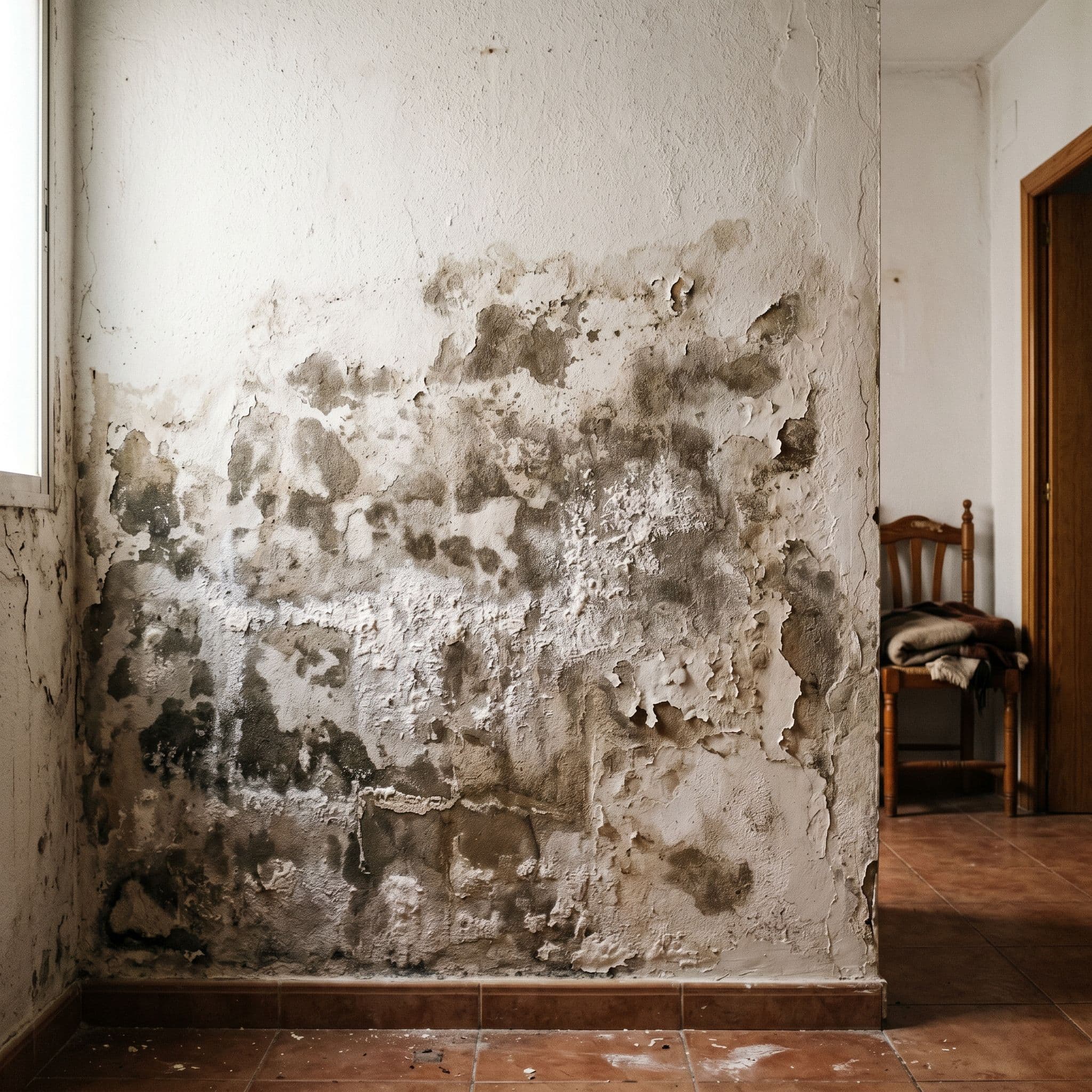 Pared interior con manchas difusas extensas por absorción capilar de revestimiento exterior de fachada