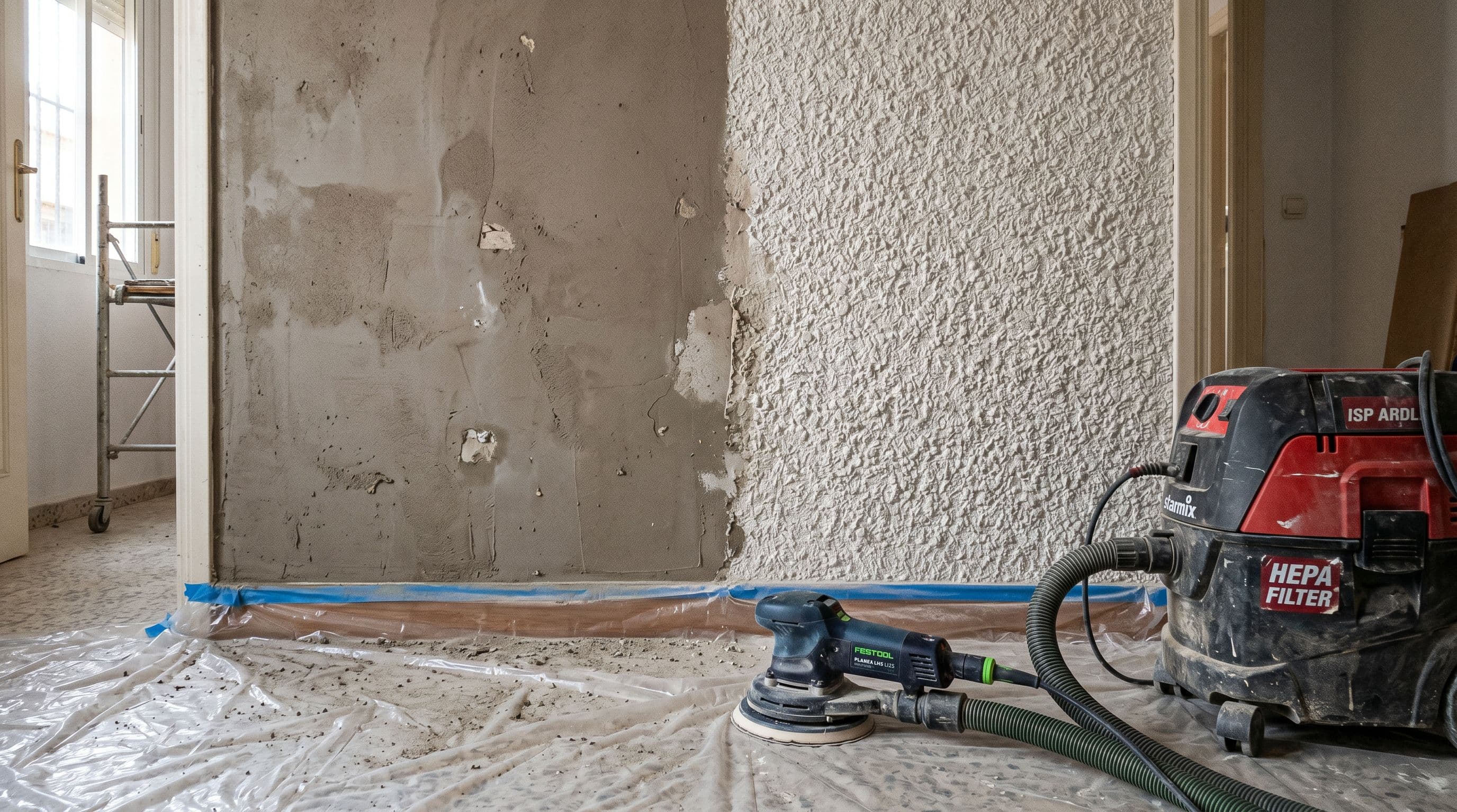 Pared interior vivienda española eliminación gotelé proceso lijadora orbital