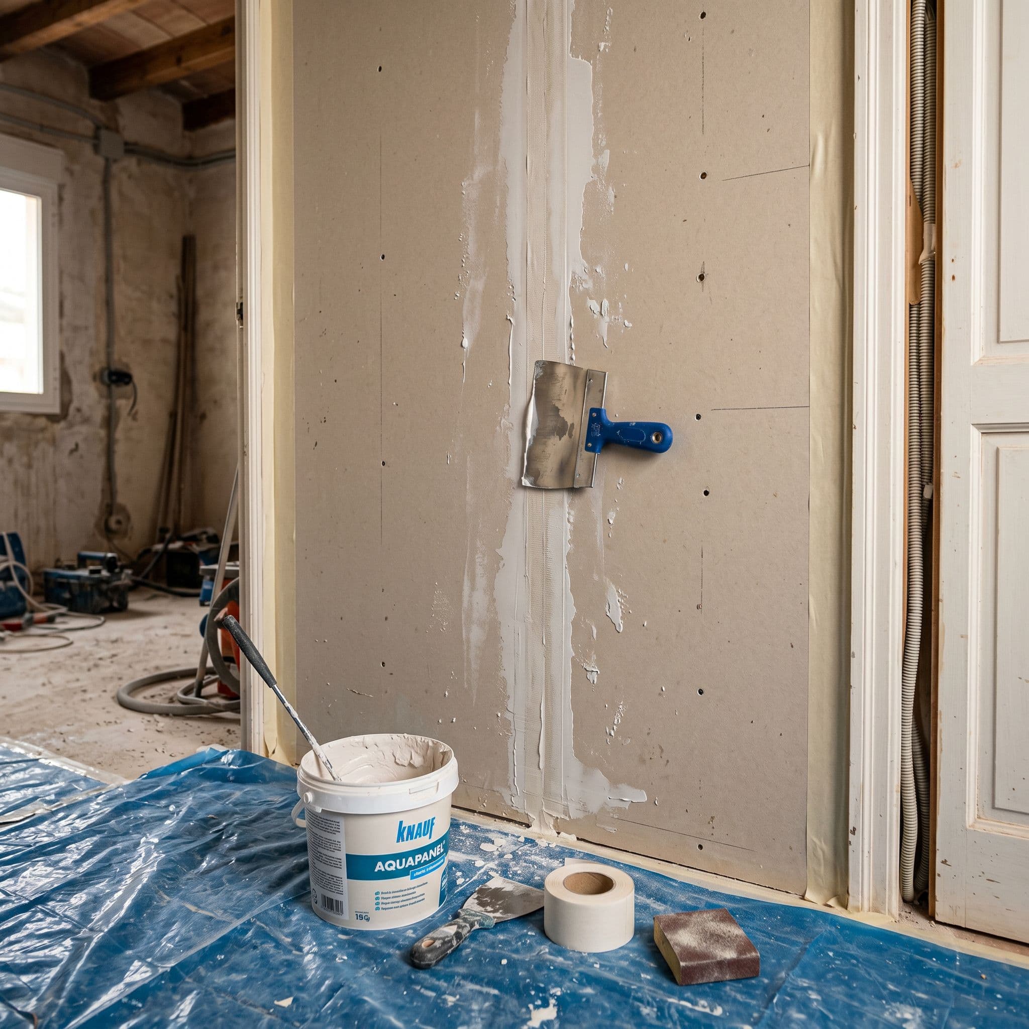 Pared pladur vivienda española recién montada tratamiento juntas DIY cinta papel