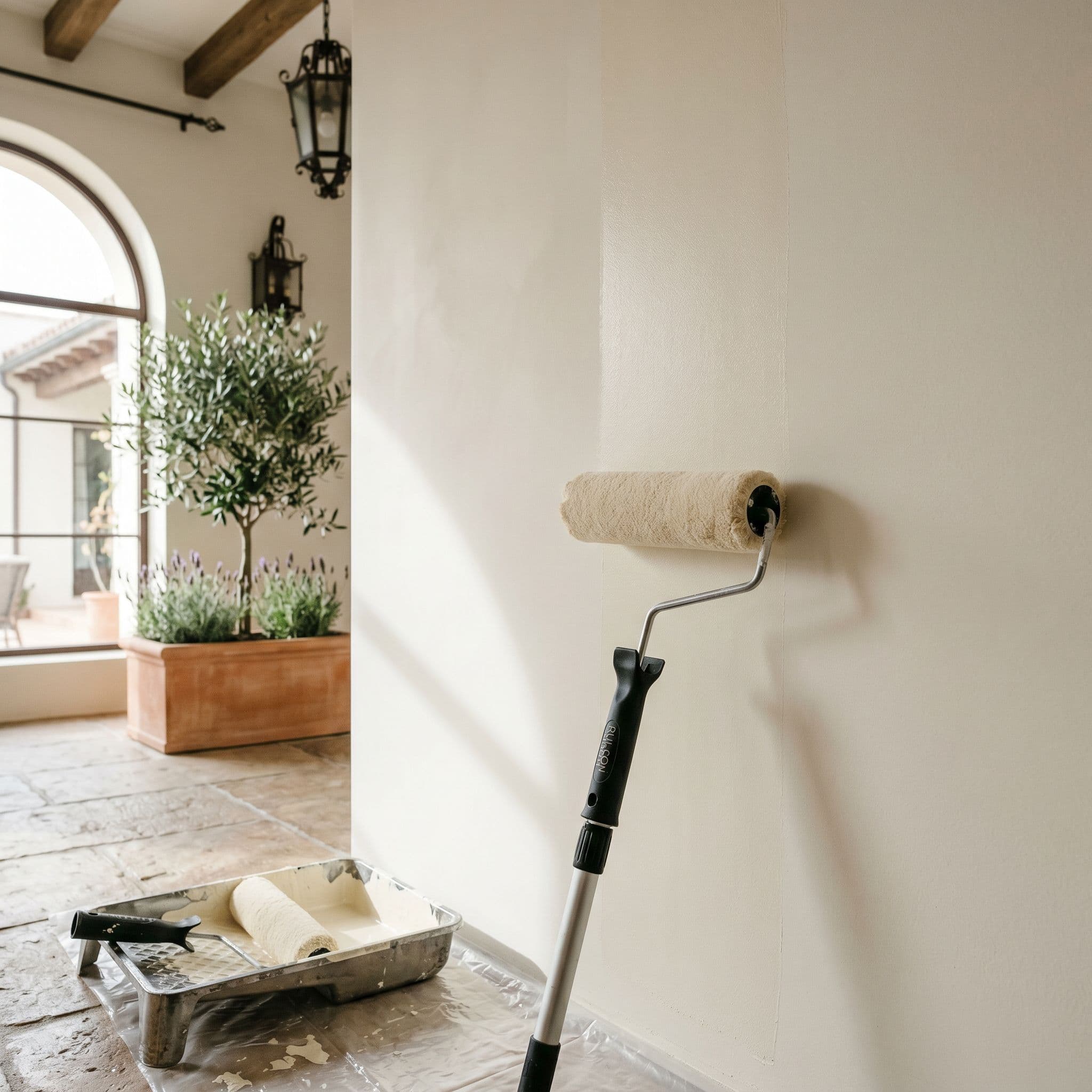 Pared premium vivienda española recién pintada rodillo microfibra acabado excepcional uniforme