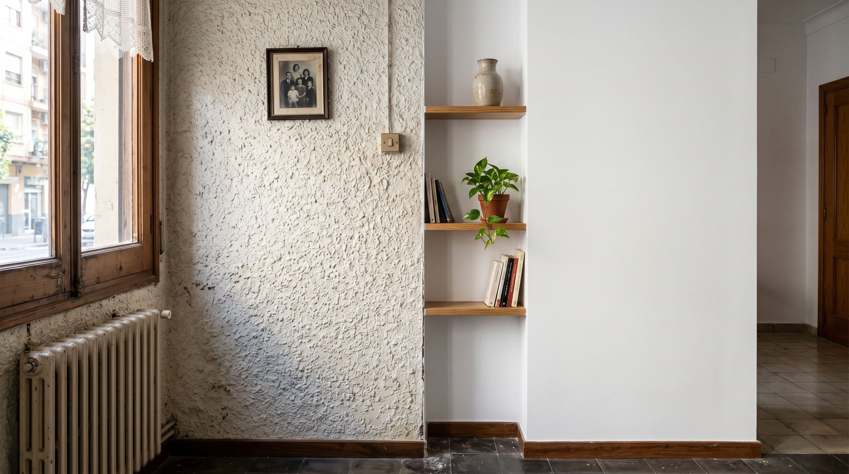 Pared vivienda española mitad de los años 90 con gotelé amarillento