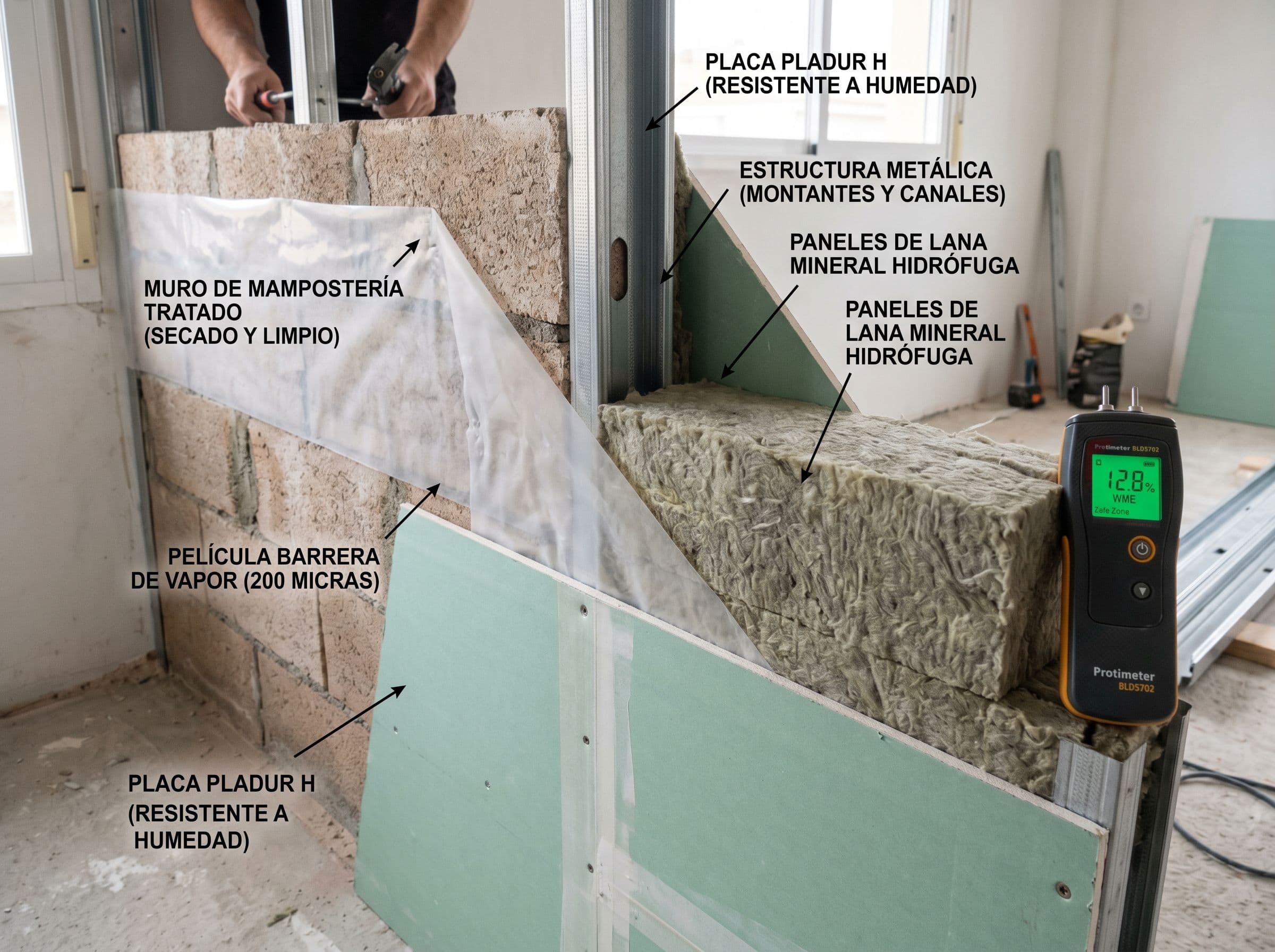 Pared vivienda residencial española sección aislamiento completo correctamente ejecutado después tratamiento humedad