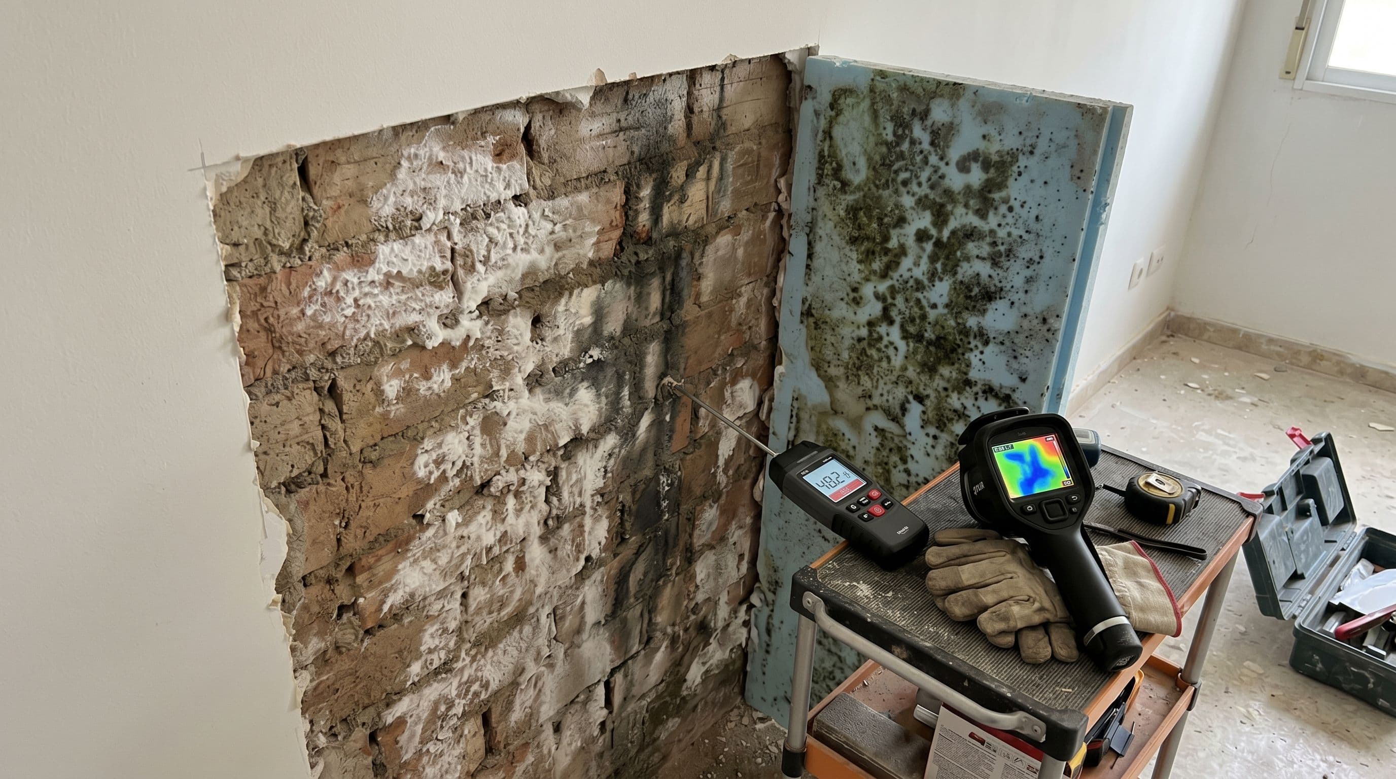 Pared de vivienda residencial española con consecuencias por aislamiento instalado sobre humedad activa