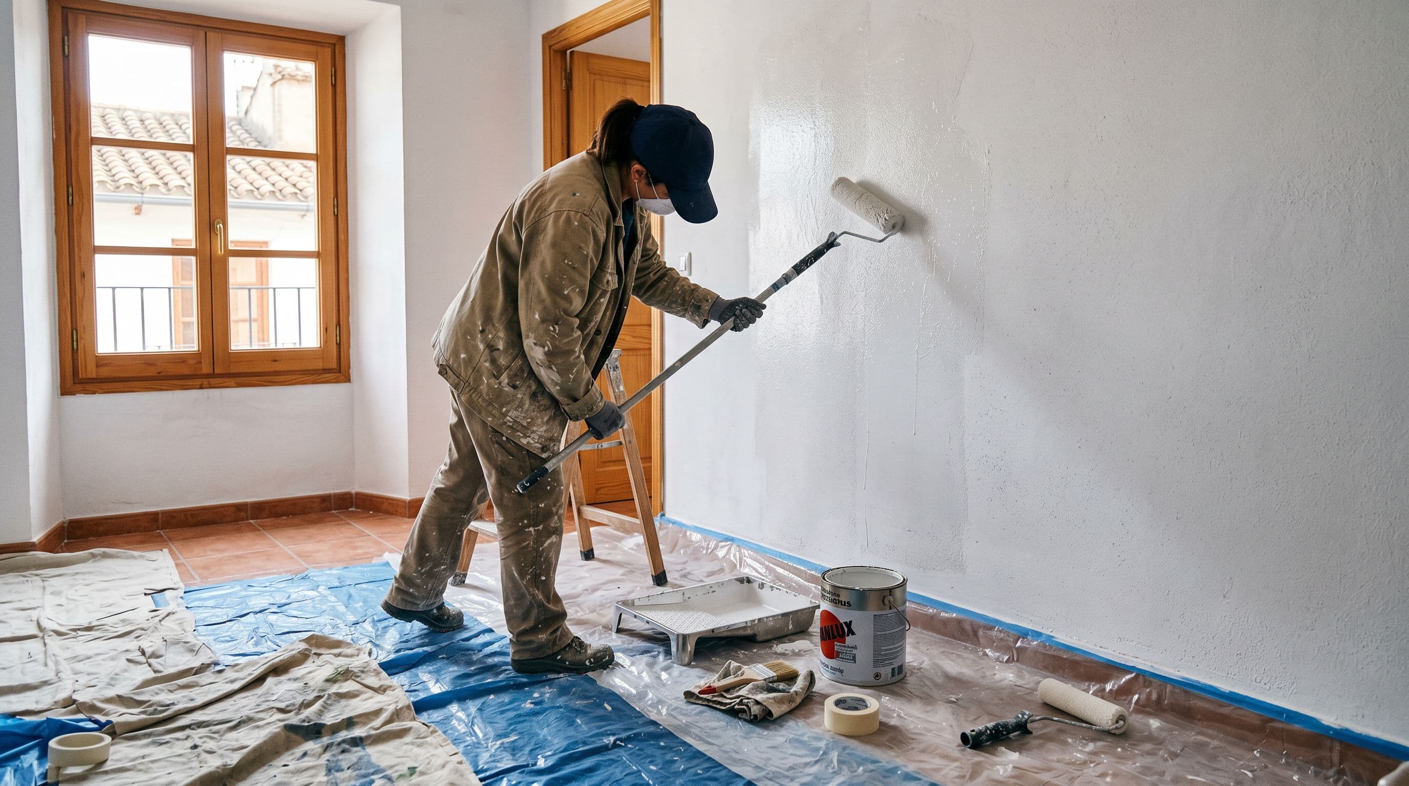 Pintor profesional aplicando pintura plástica blanca con rodillo en paredes de piso vacío español durante repintado integral