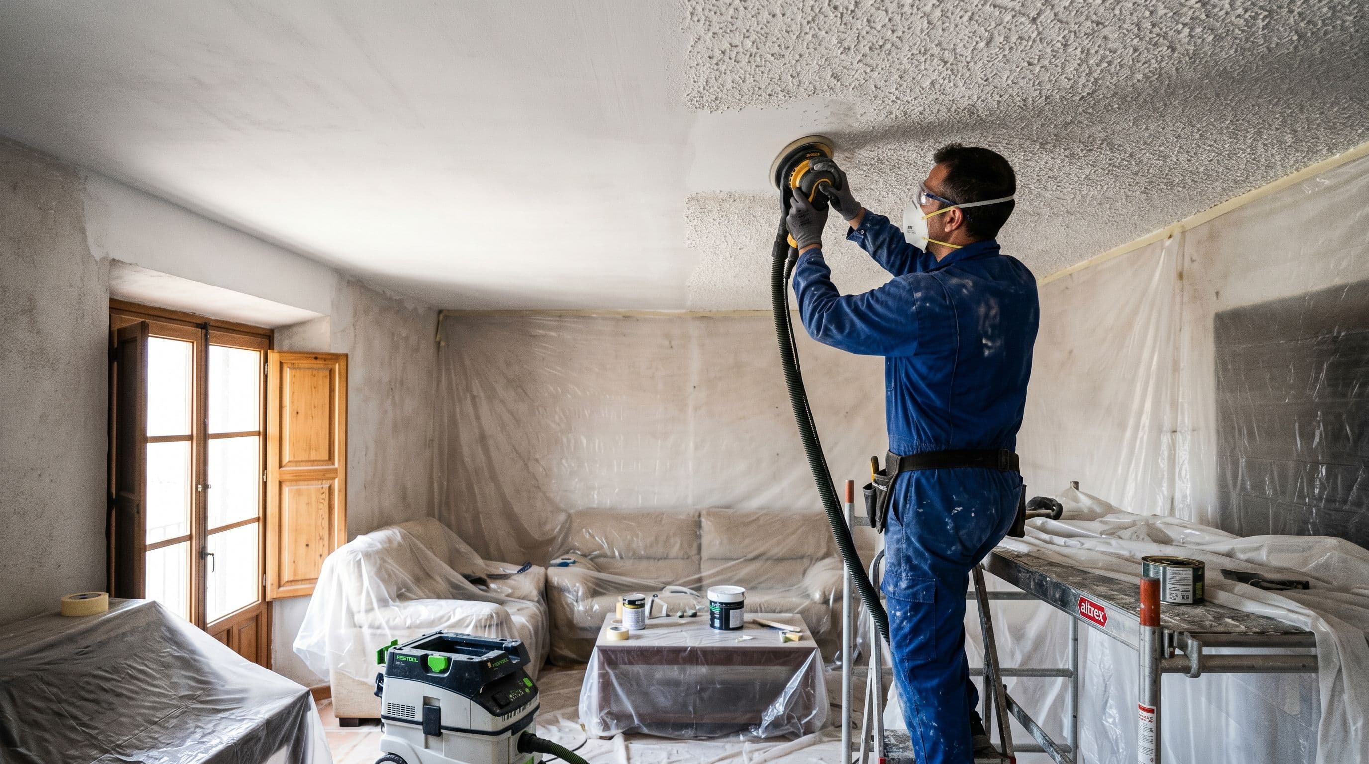 Pintor profesional lijadora orbital aspiración polvo retirando gotelé pared interior vivienda española con mascarilla EPI protección suelos plásticos