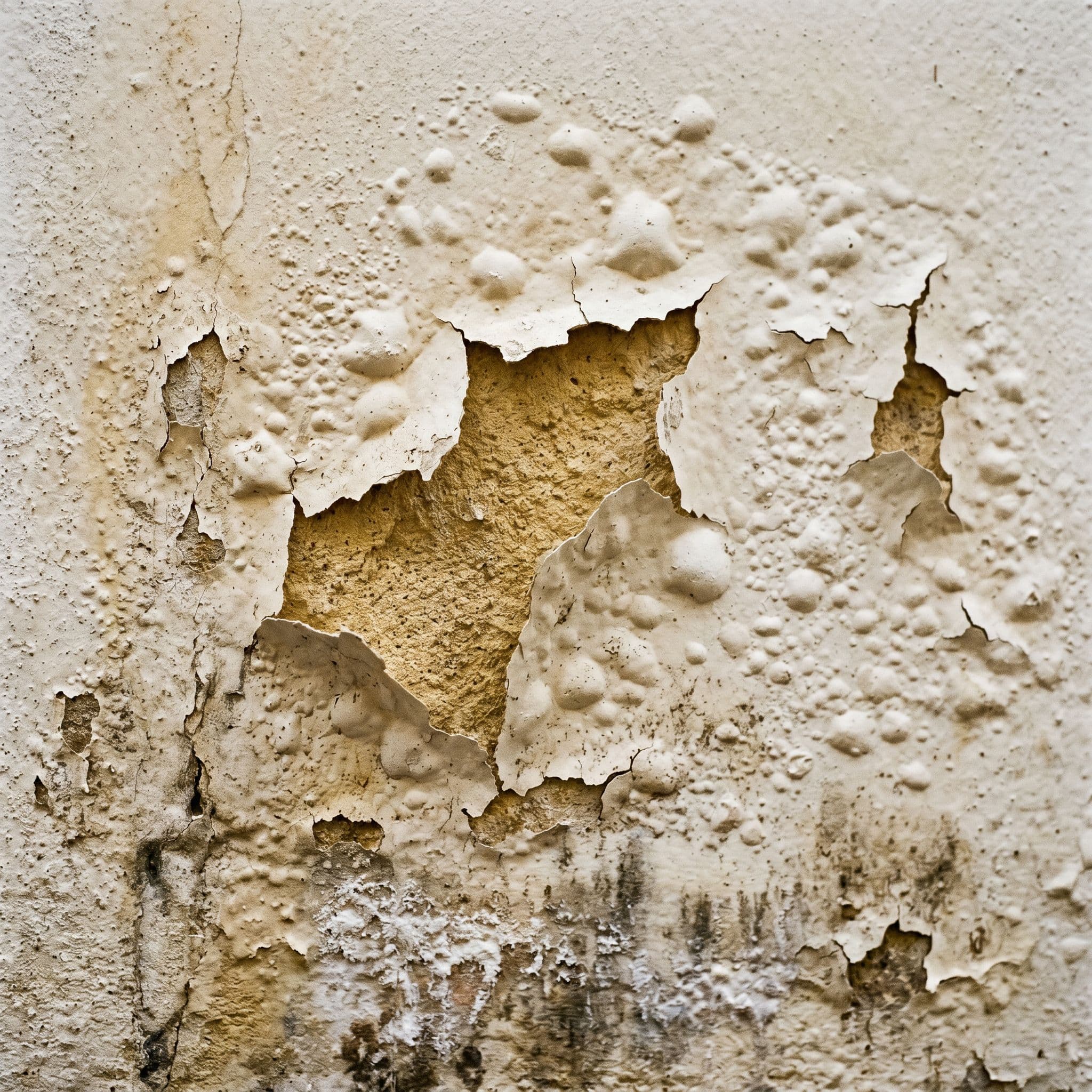 Pintura abombada y desprendida sobre pared interior afectada por presión de sales cristalizadas y agua de capilaridad