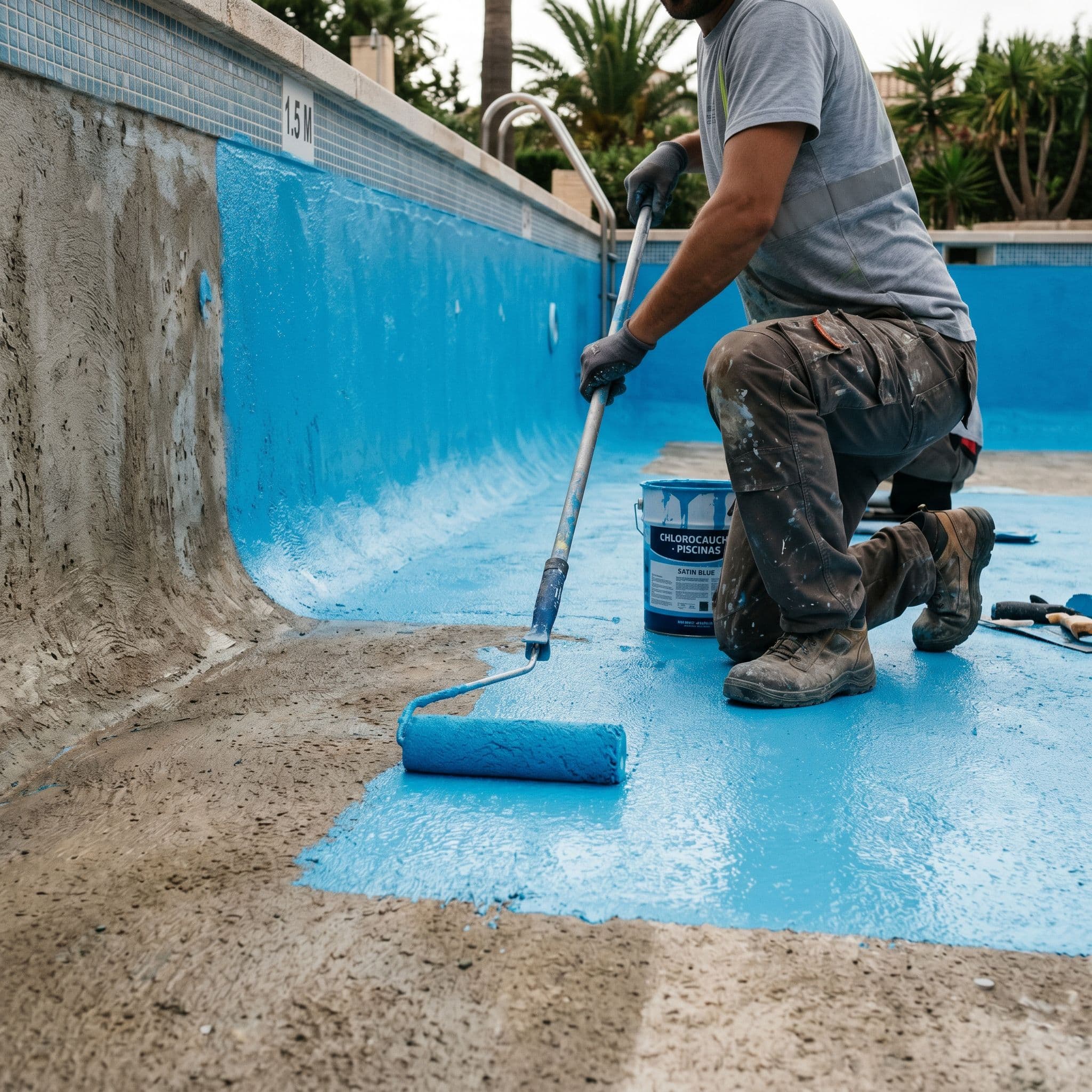 Pintura de clorocaucho azul aplicada en las paredes y el fondo de una piscina vacía para impermeabilización y acabado