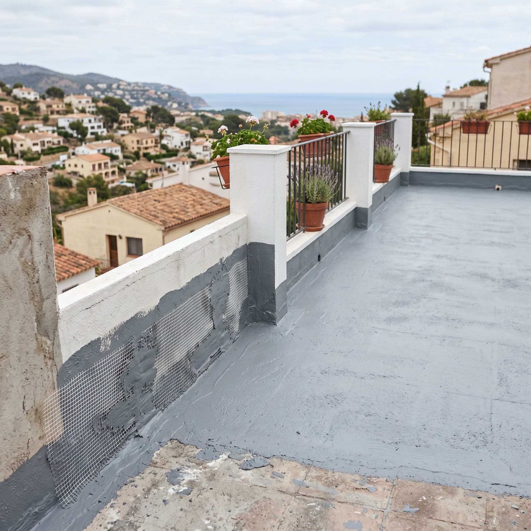 Pintura impermeabilizante elastomérica de caucho aplicada sobre el suelo de una terraza residencial con malla de refuerzo en el perímetro