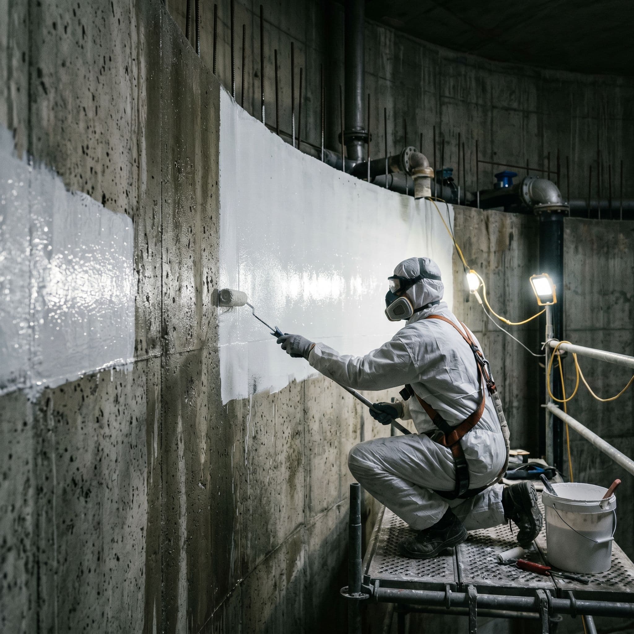 Pintura epoxi impermeabilizante aplicada en el interior de un depósito de agua con acabado liso resistente apto para contacto con agua