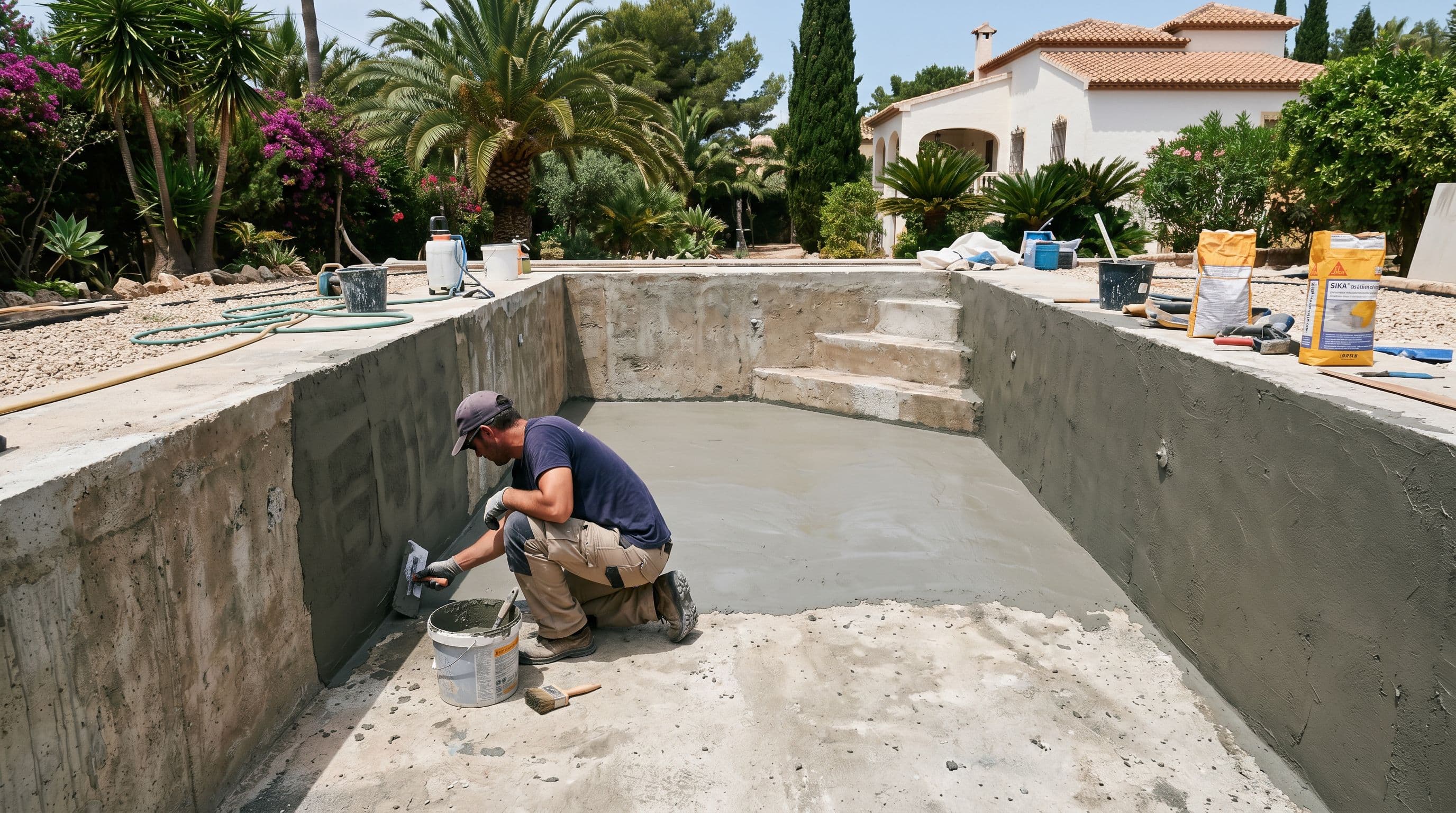 Piscina de hormigón vaciada durante la impermeabilización del vaso con mortero flexible aplicado a llana antes del gresite