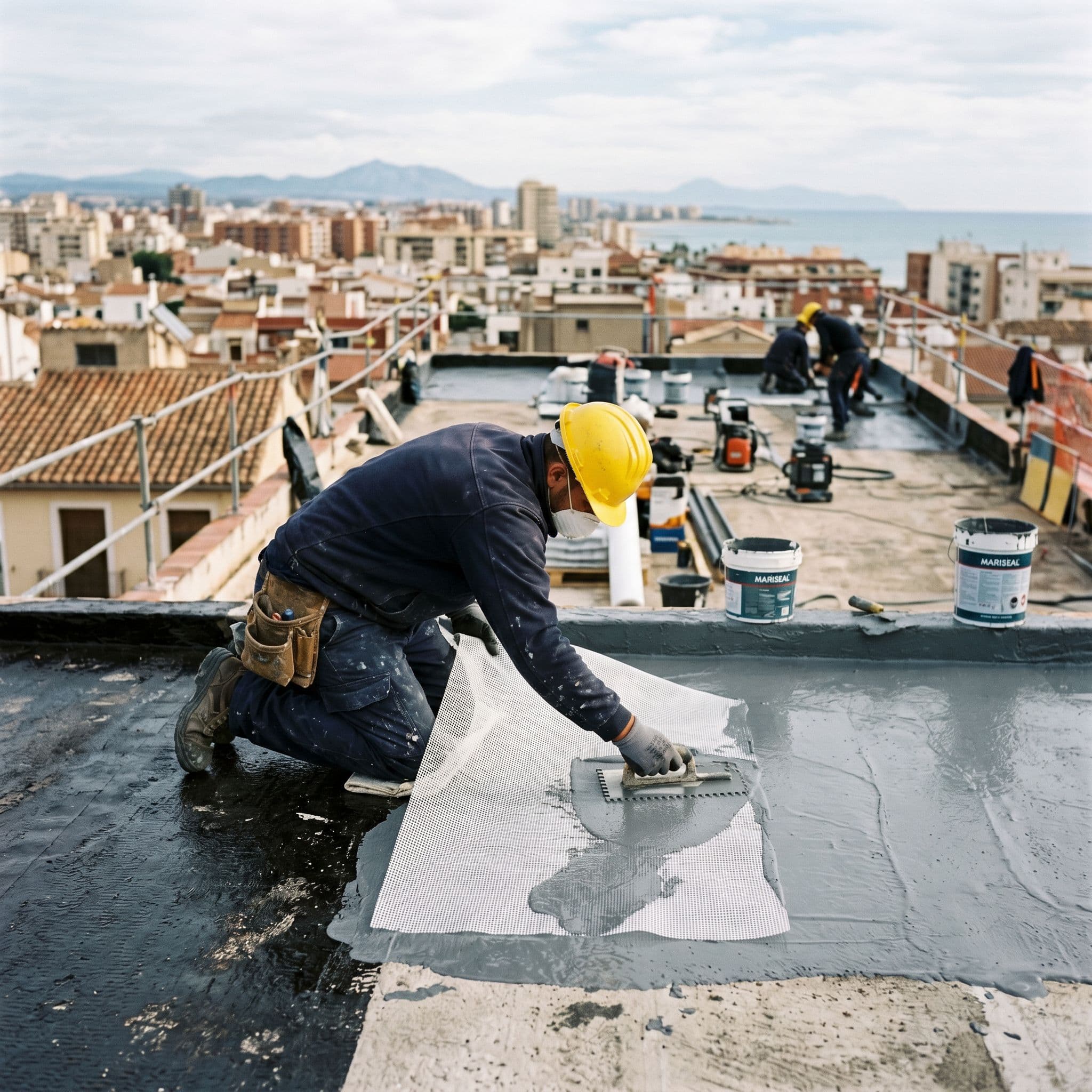 Membrana de poliuretano con malla de geotextil embebida entre capas para reforzar una terraza transitable