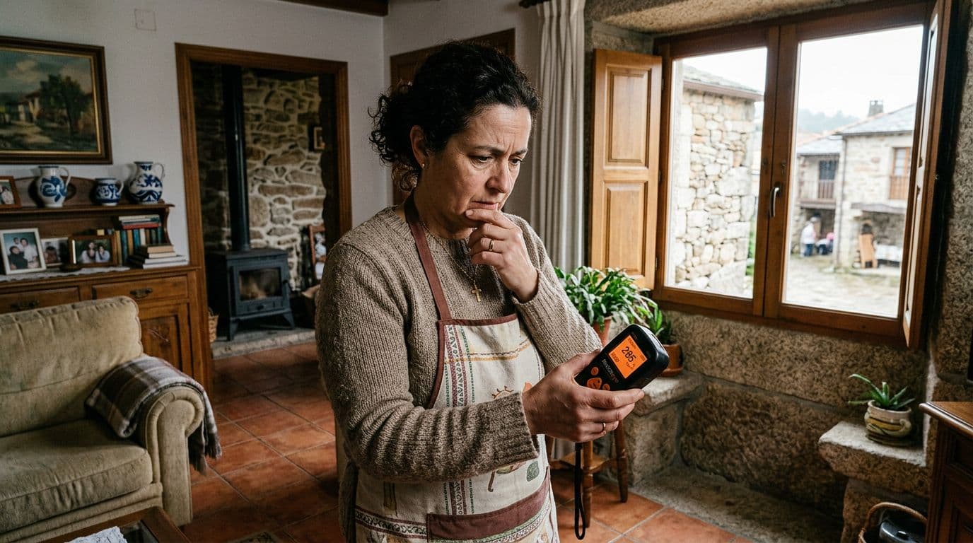 Propietario evaluando presencia gas radón vivienda residencial española planta baja con detector electrónico Airthings monitorización doméstica