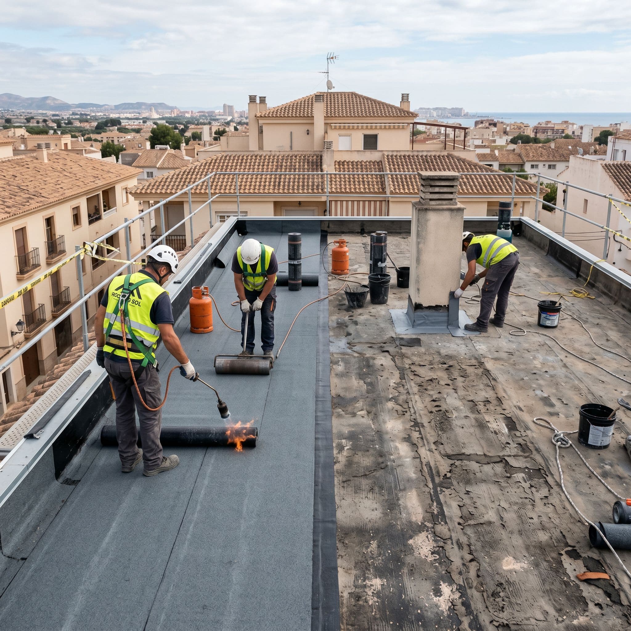 Reimpermeabilización profesional integral de cubierta plana con sustitución completa de membrana en edificio residencial