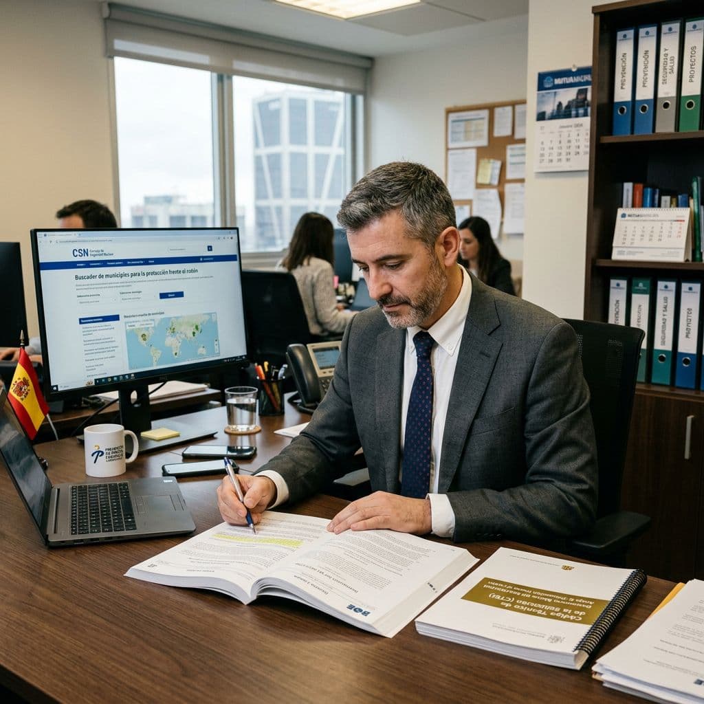 Responsable prevención empresa española consultando lista municipios Zona II BOE Instrucción IS-47 CSN para identificar obligación normativa gas radón