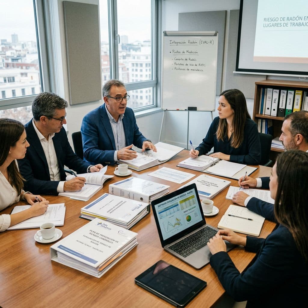 Reunión empresa española integrando evaluación riesgos gas radón plan prevención riesgos laborales LPRL artículo 18 documentación cumplimiento RD 1029/2022