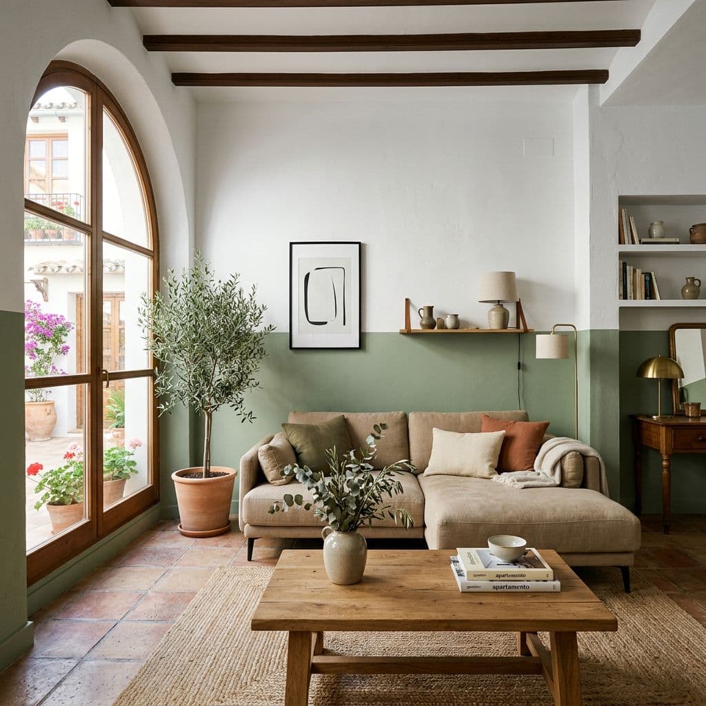 Salón español pintado técnica doble color zona superior blanco zona inferior bajo cenefa