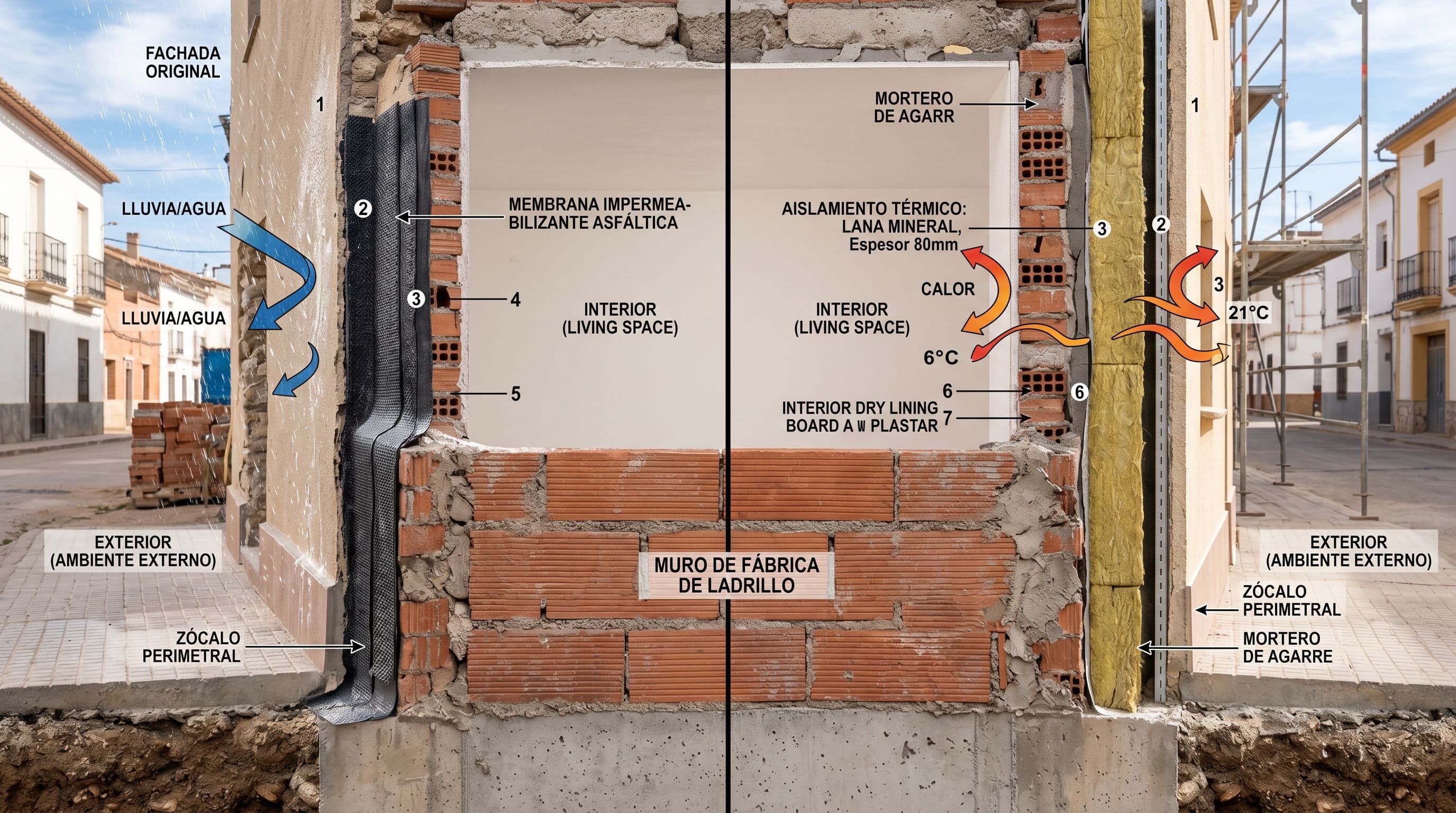 Sección técnica de cerramiento residencial con impermeabilización a un lado y aislamiento térmico al otro mostrando diferencias constructivas