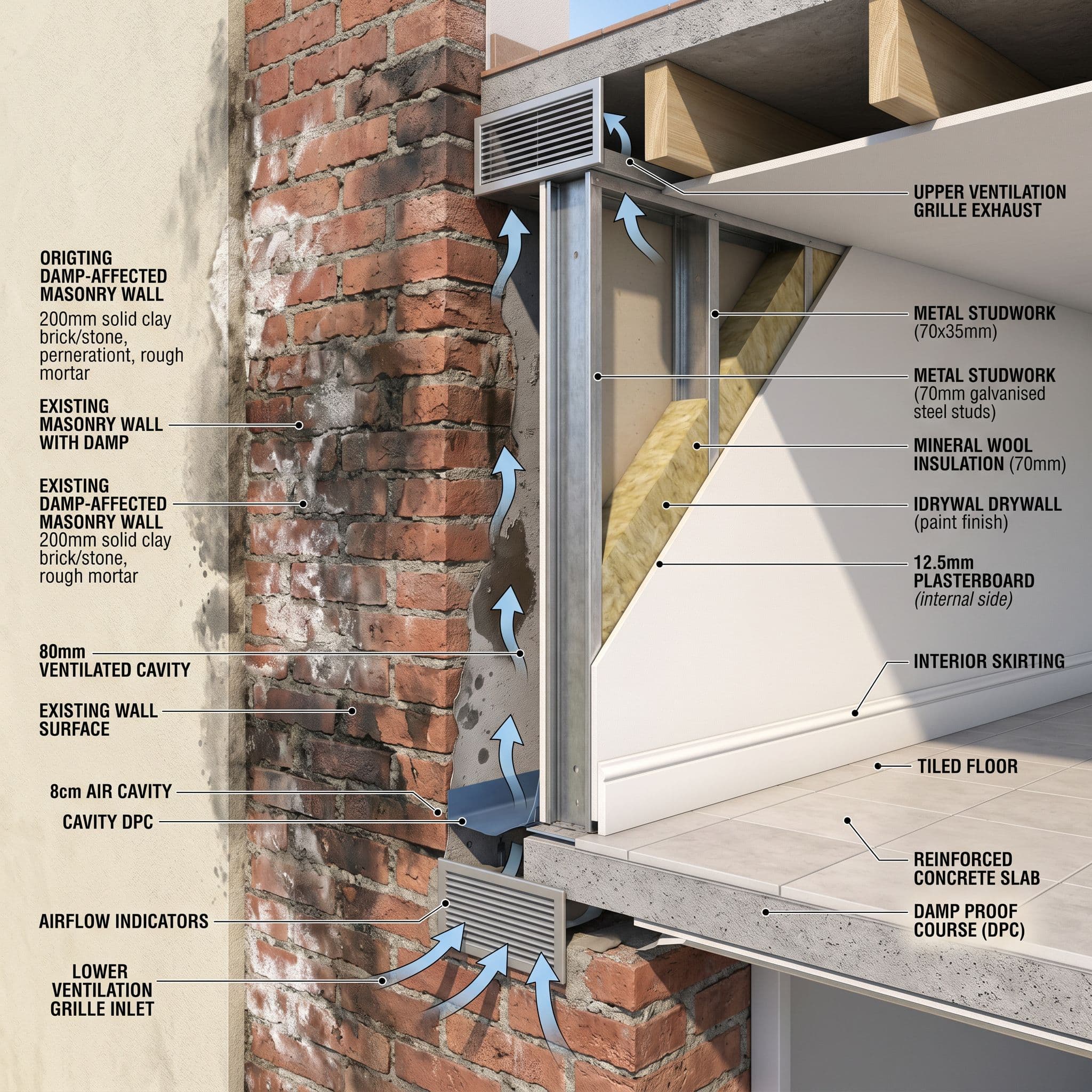 Sección técnica de cámara bufa ventilada con muro original afectado separado del ambiente interior mediante cámara de aire ventilada