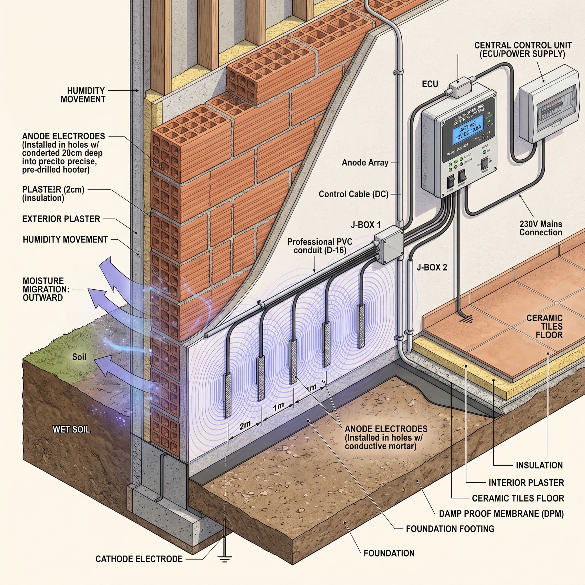 Sección técnica de muro con sistema de electroósmosis activa instalado con electrodos conectados a unidad central de control