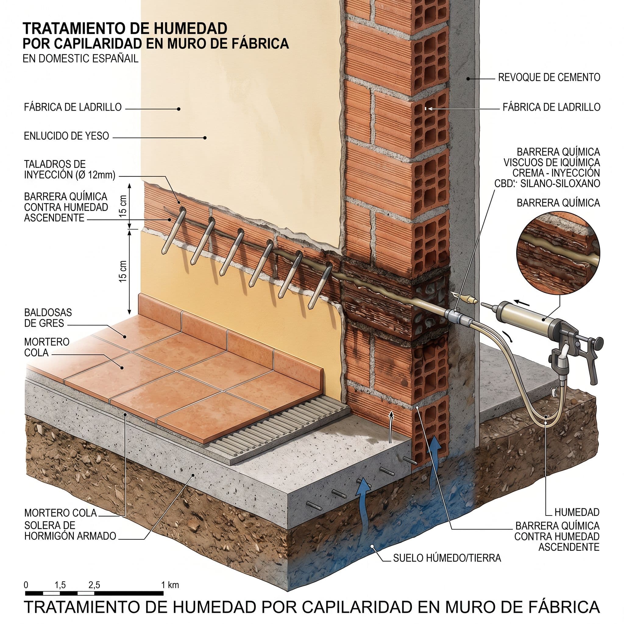 Sección técnica de muro tratado con inyección de resinas hidrofóbicas formando barrera química horizontal contra capilaridad ascendente