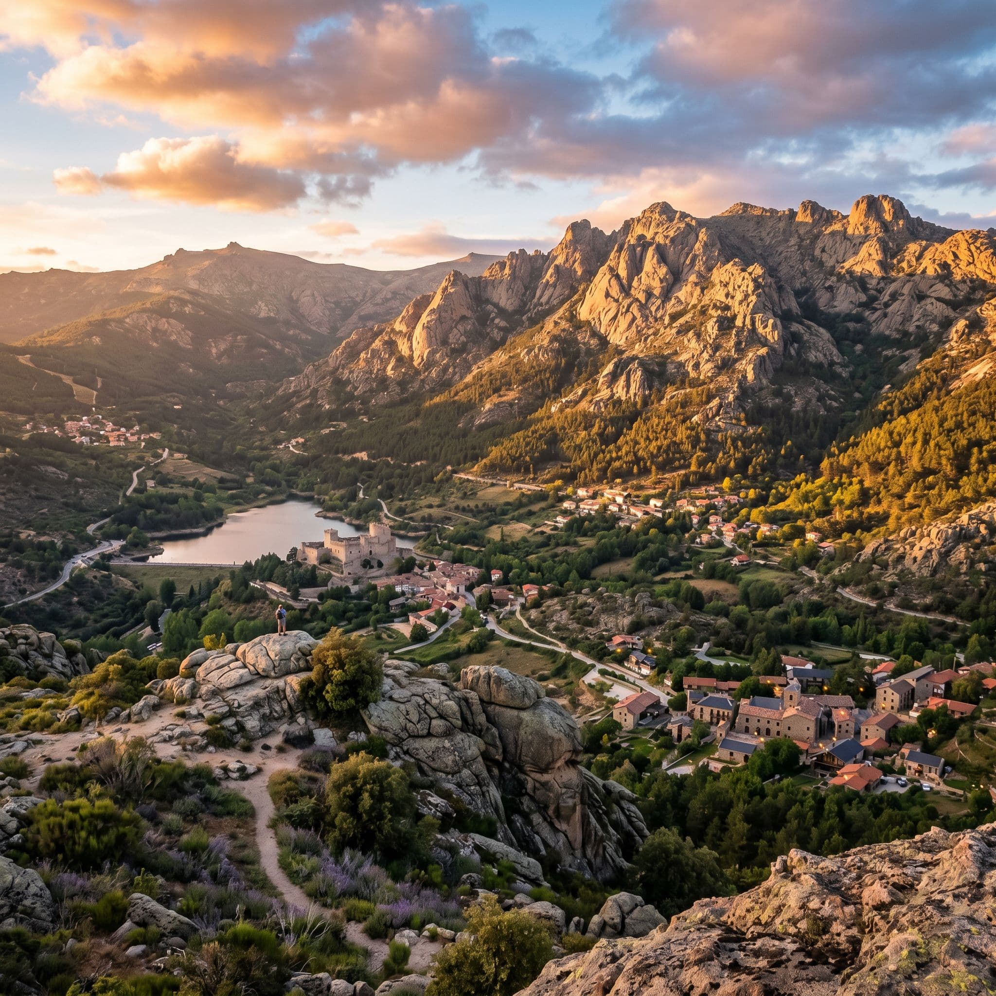 Sierra de Guadarrama Madrid con formaciones graníticas y municipios serranos como Moralzarzal afectados por gas radón