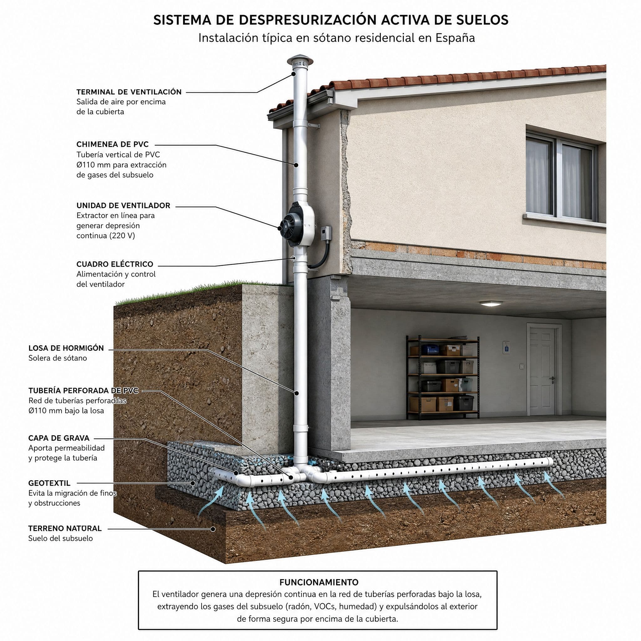 Sistema despresurización activa SDS gas radón sección técnica con tubería perforada bajo losa y extractor mecánico exterior